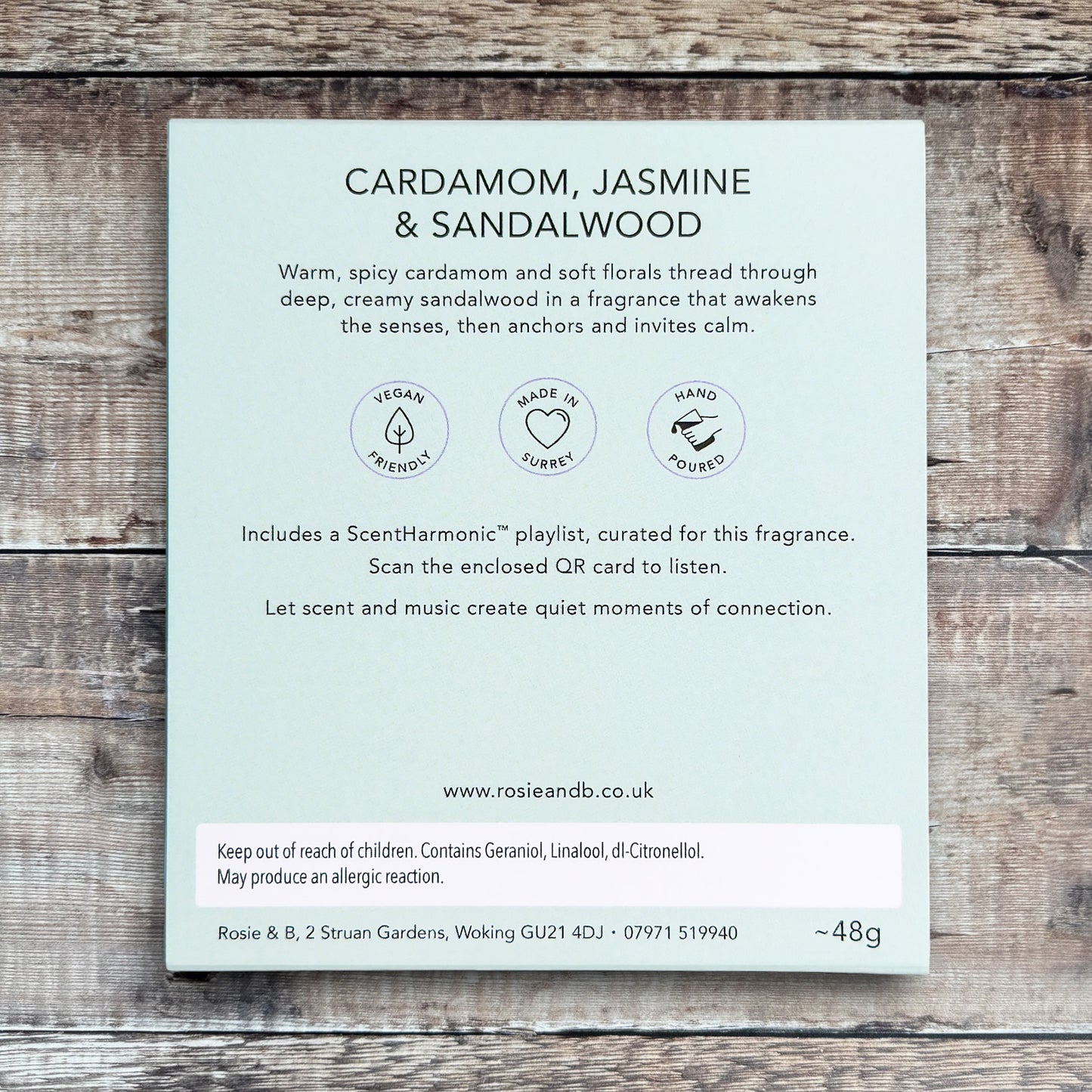 Cardamom, Jasmine & Sandalwood wax melts product sleeve - back