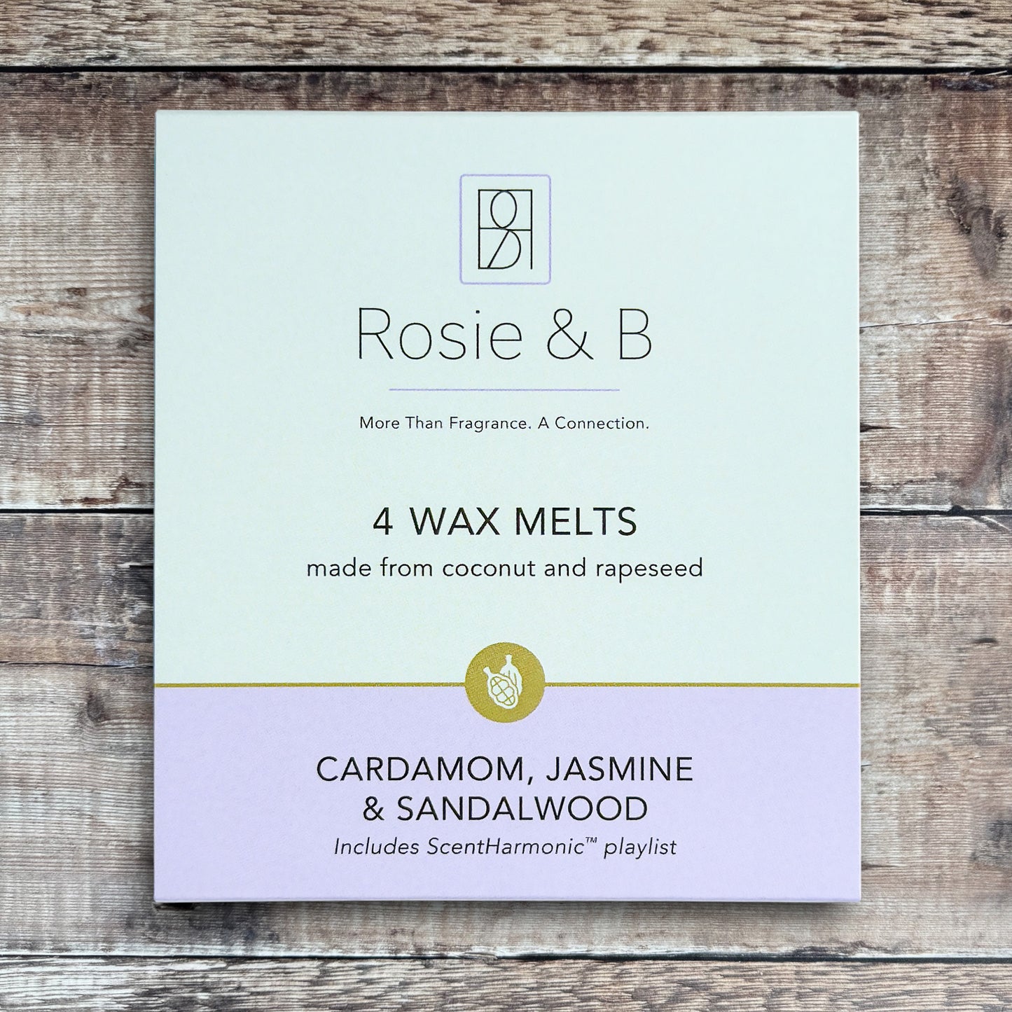 Cardamom, Jasmine & Sandalwood wax melts product sleeve - front