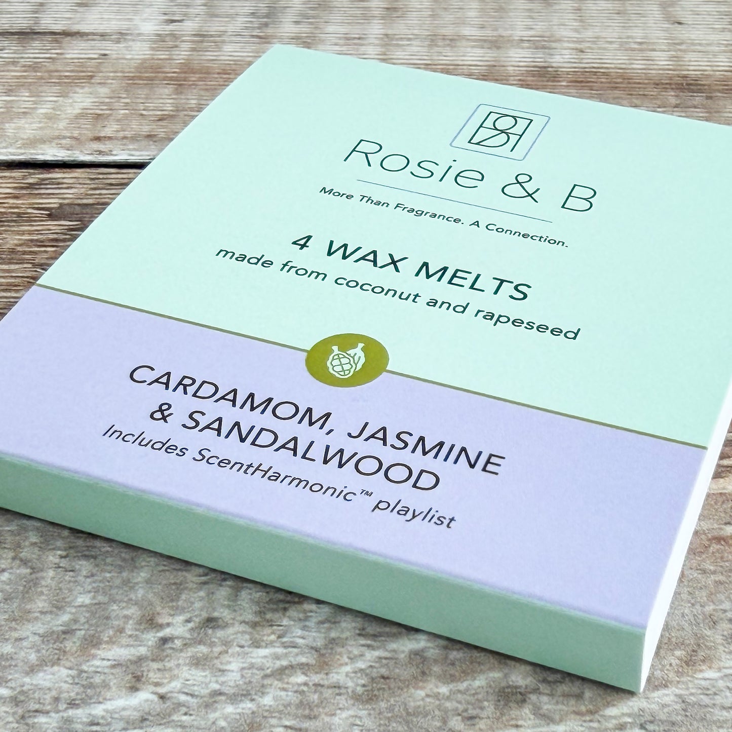 Cardamom, Jasmine & Sandalwood wax melts sleeve, angled product shot
