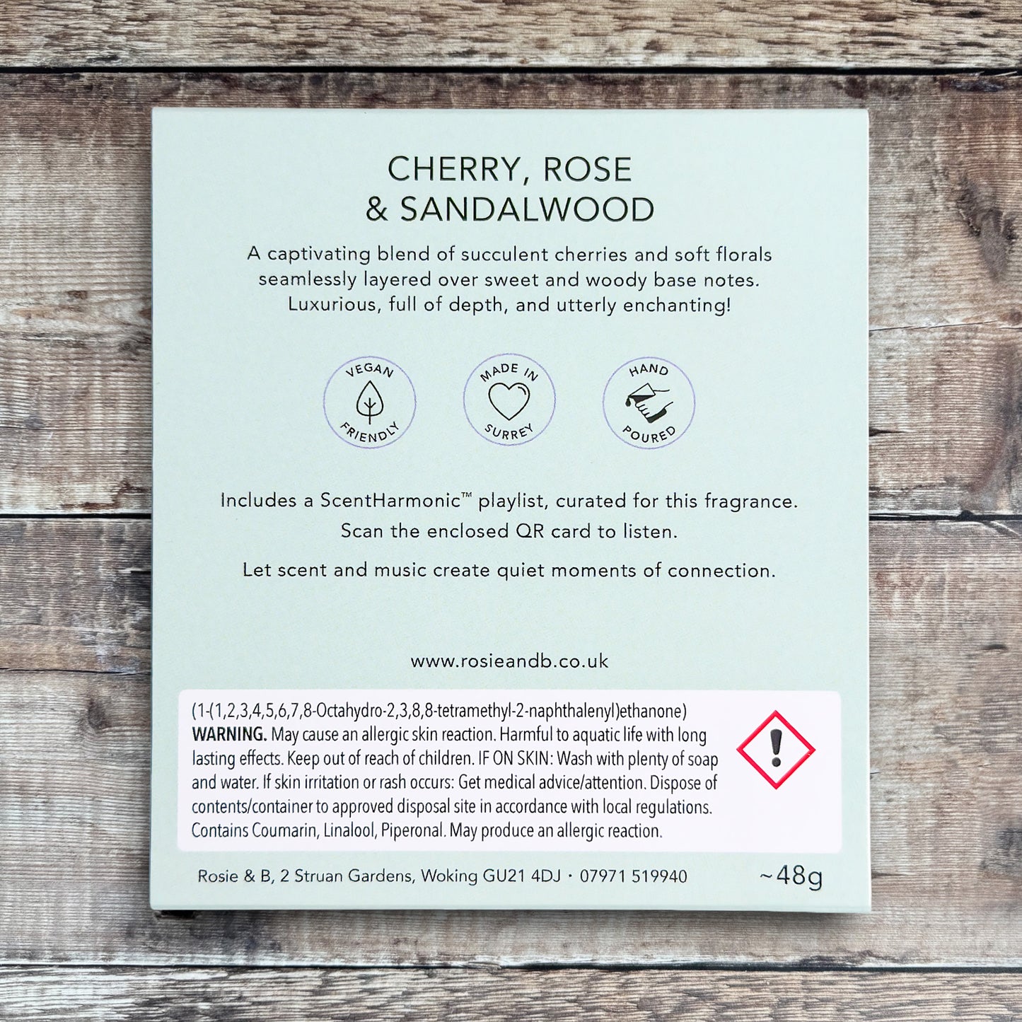 Cherry, Rose & Sandalwood wax melts product sleeve - back