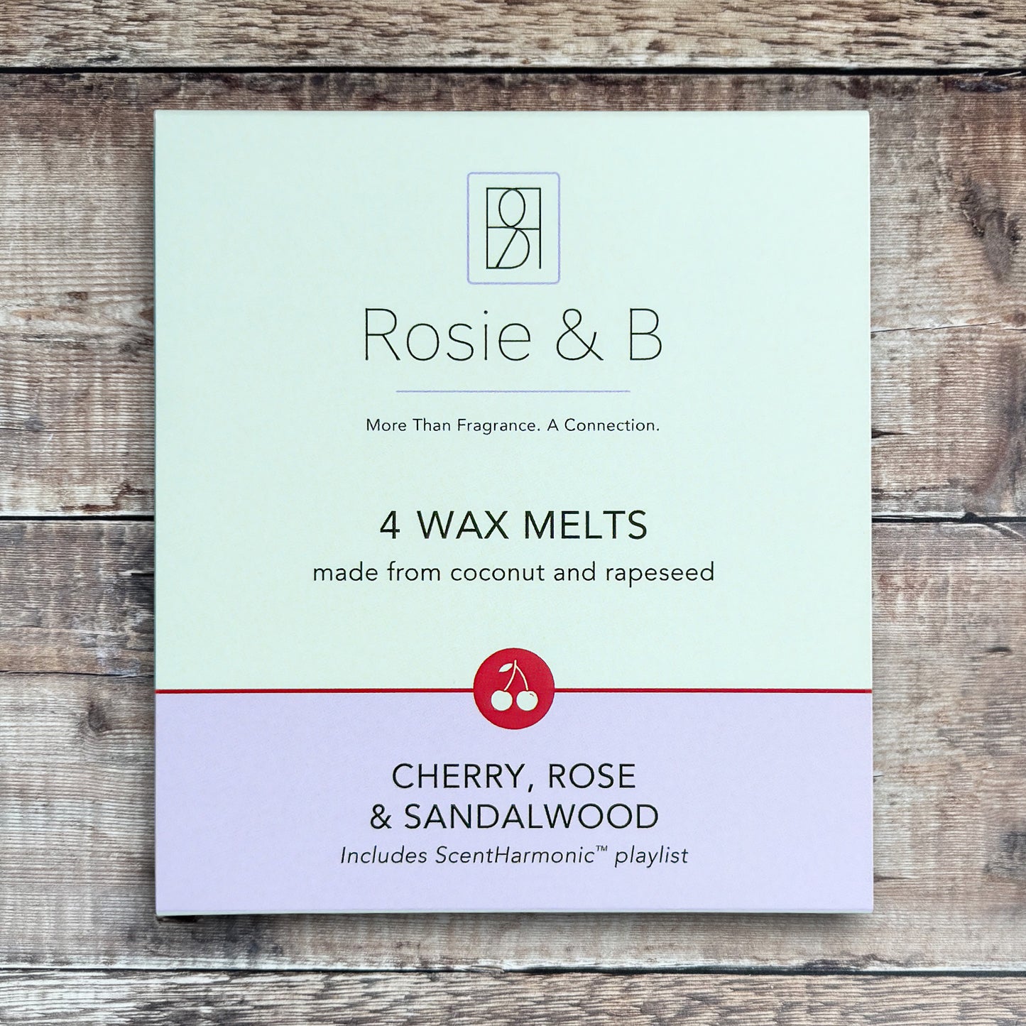 Cherry, Rose & Sandalwood wax melts product sleeve - front