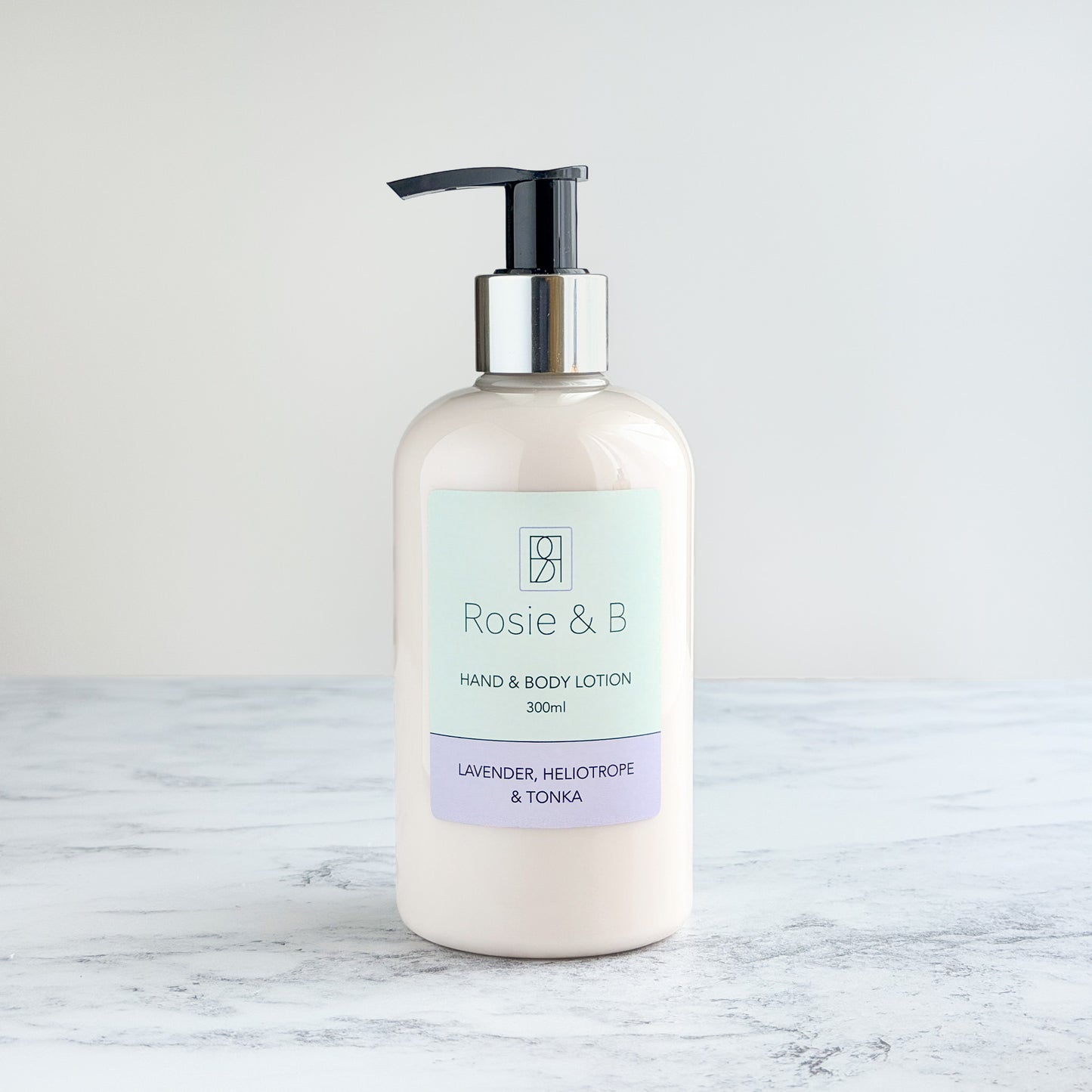 Rosie & B Lavender, Heliotrope & Tonka Hand & Body Lotion bottle front label