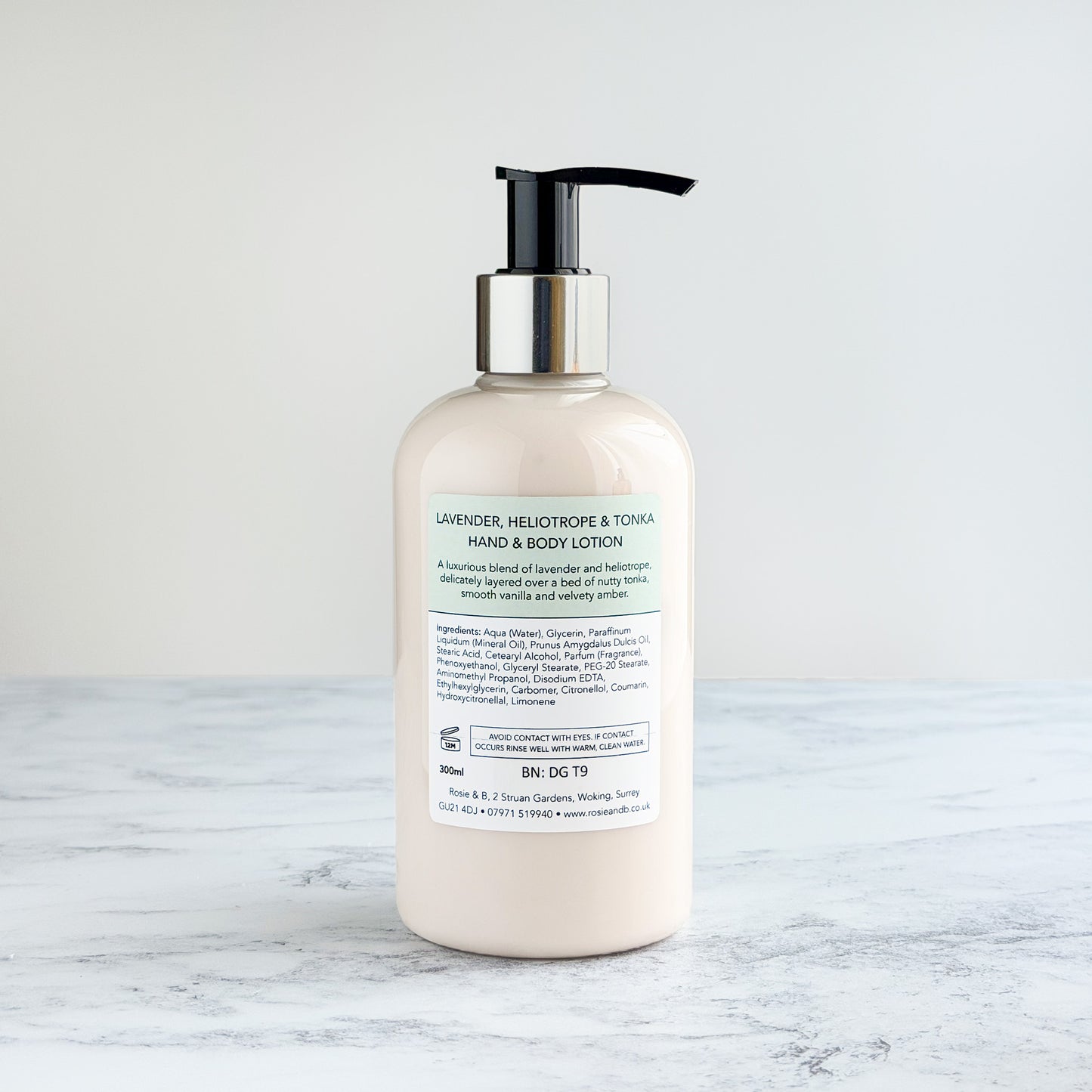 Rosie & B Lavender, Heliotrope & Tonka Hand & Body Lotion bottle rear label