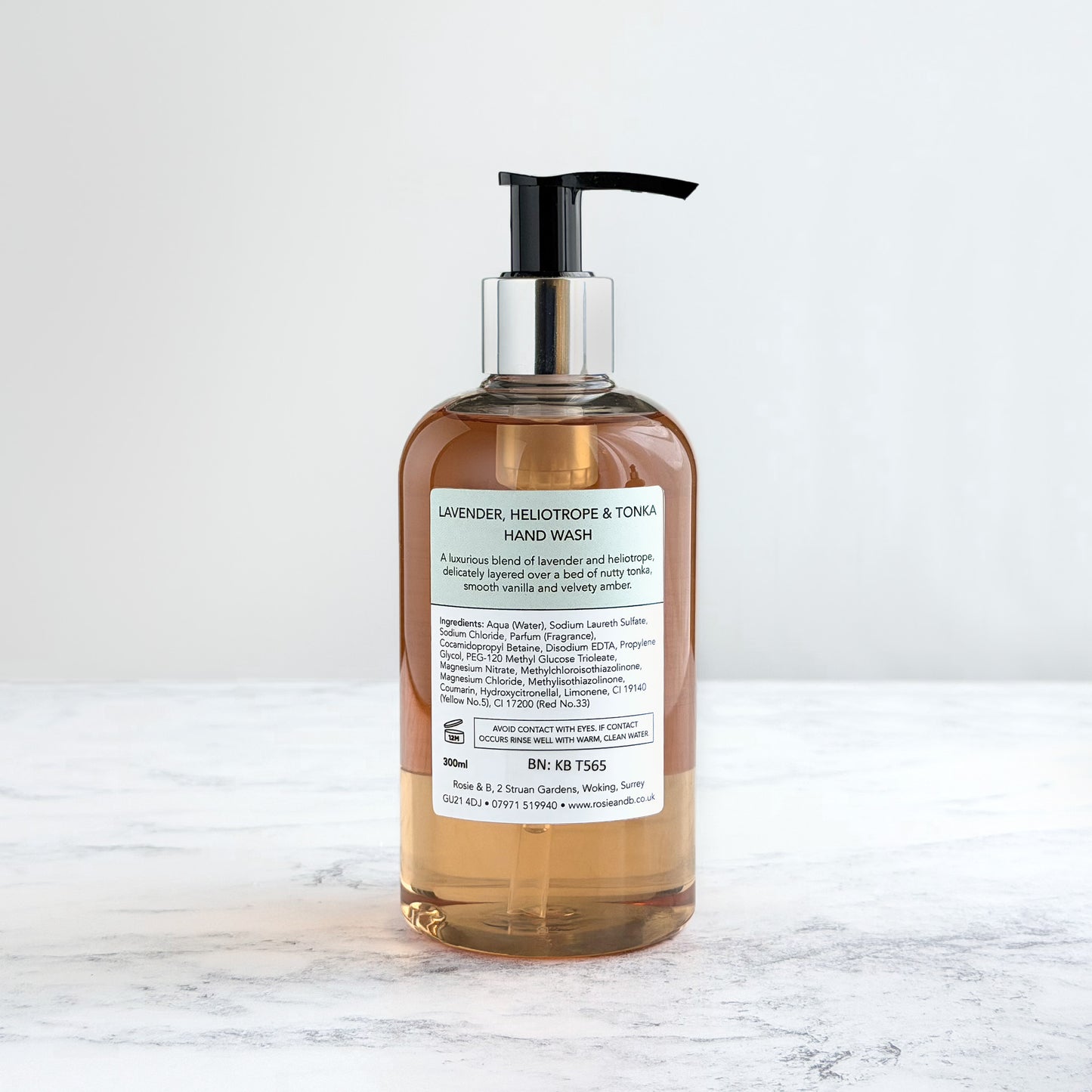 Rosie & B Lavender, Heliotrope & Tonka Hand Wash bottle rear label
