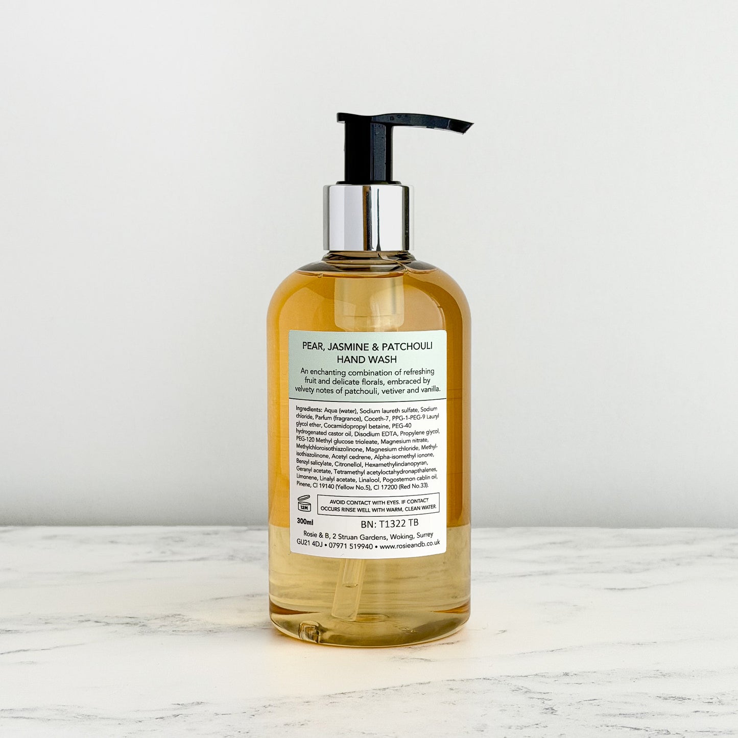 Pear, Jasmine & Patchouli Hand Wash bottle, rear