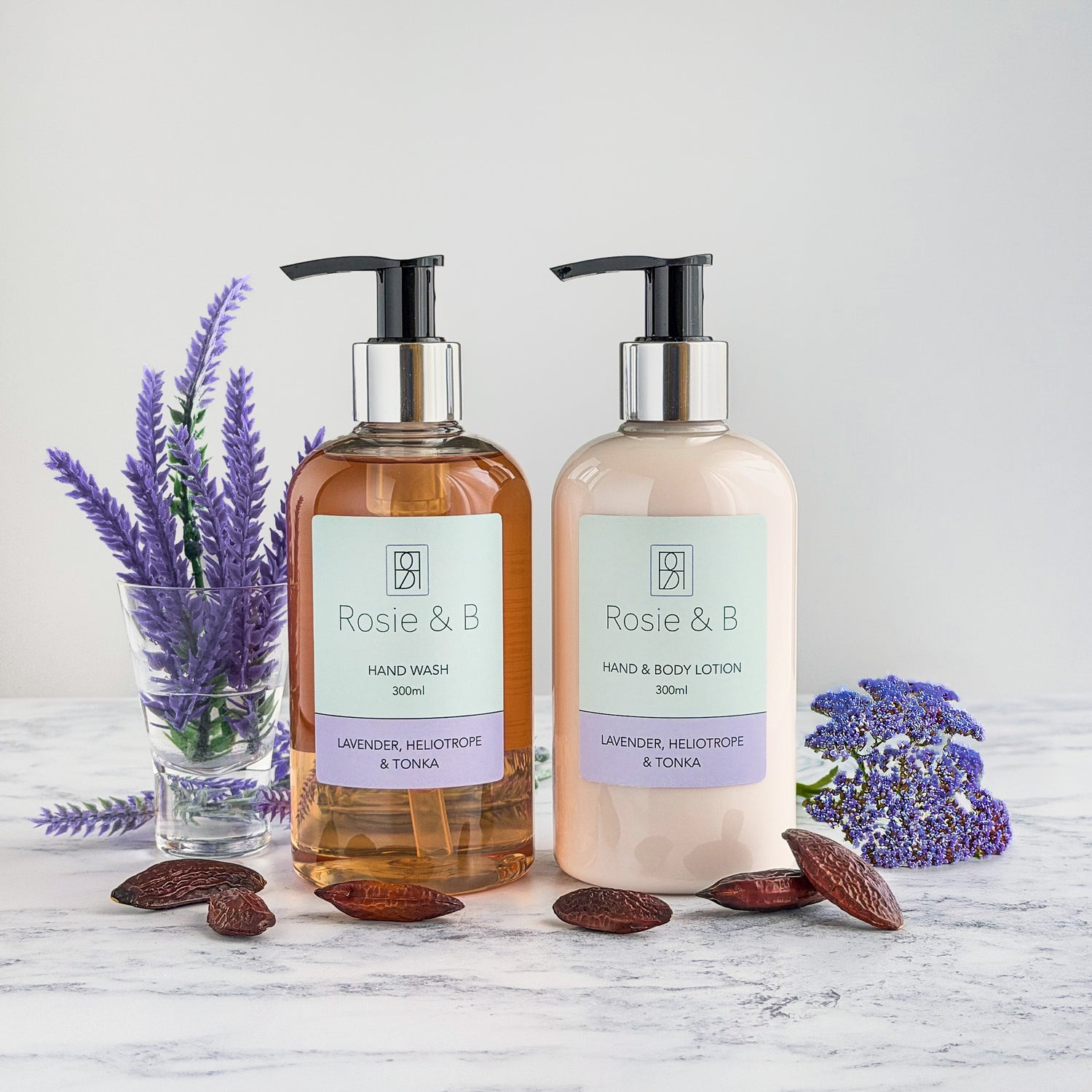 Rosie & B Lavender, Heliotrope & Tonka Hand Wash and Hand & Body Lotion bottles