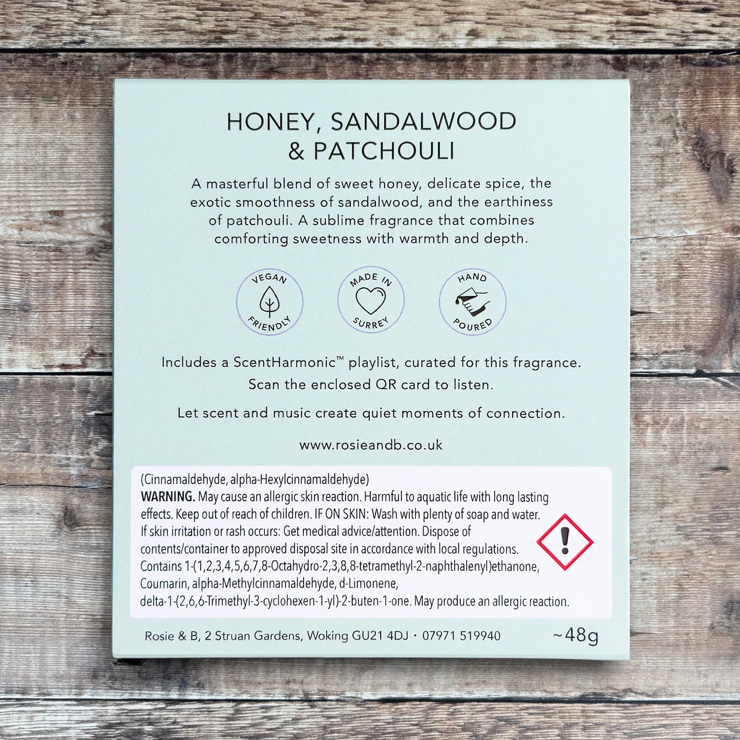 Honey, Sandalwood & Patchouli wax melts product sleeve - back