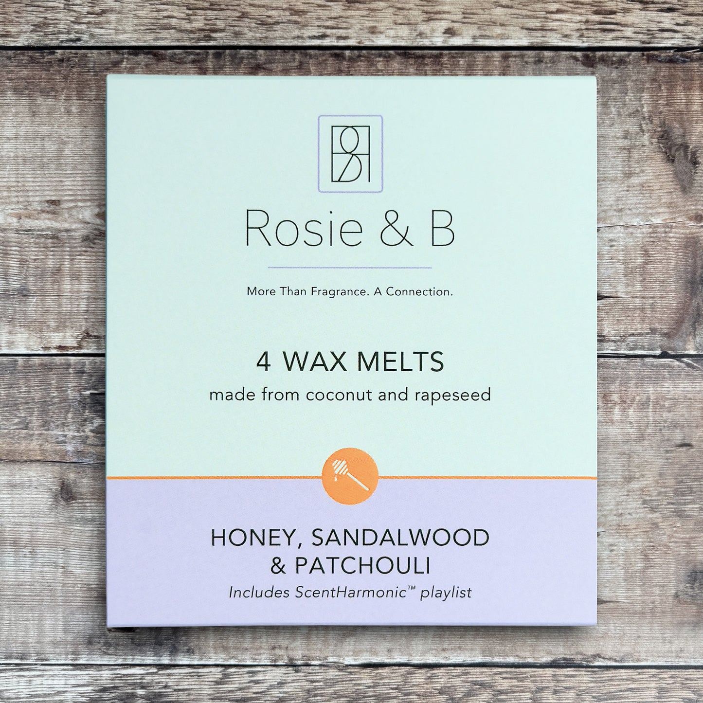 Honey, Sandalwood & Patchouli wax melts product sleeve - front