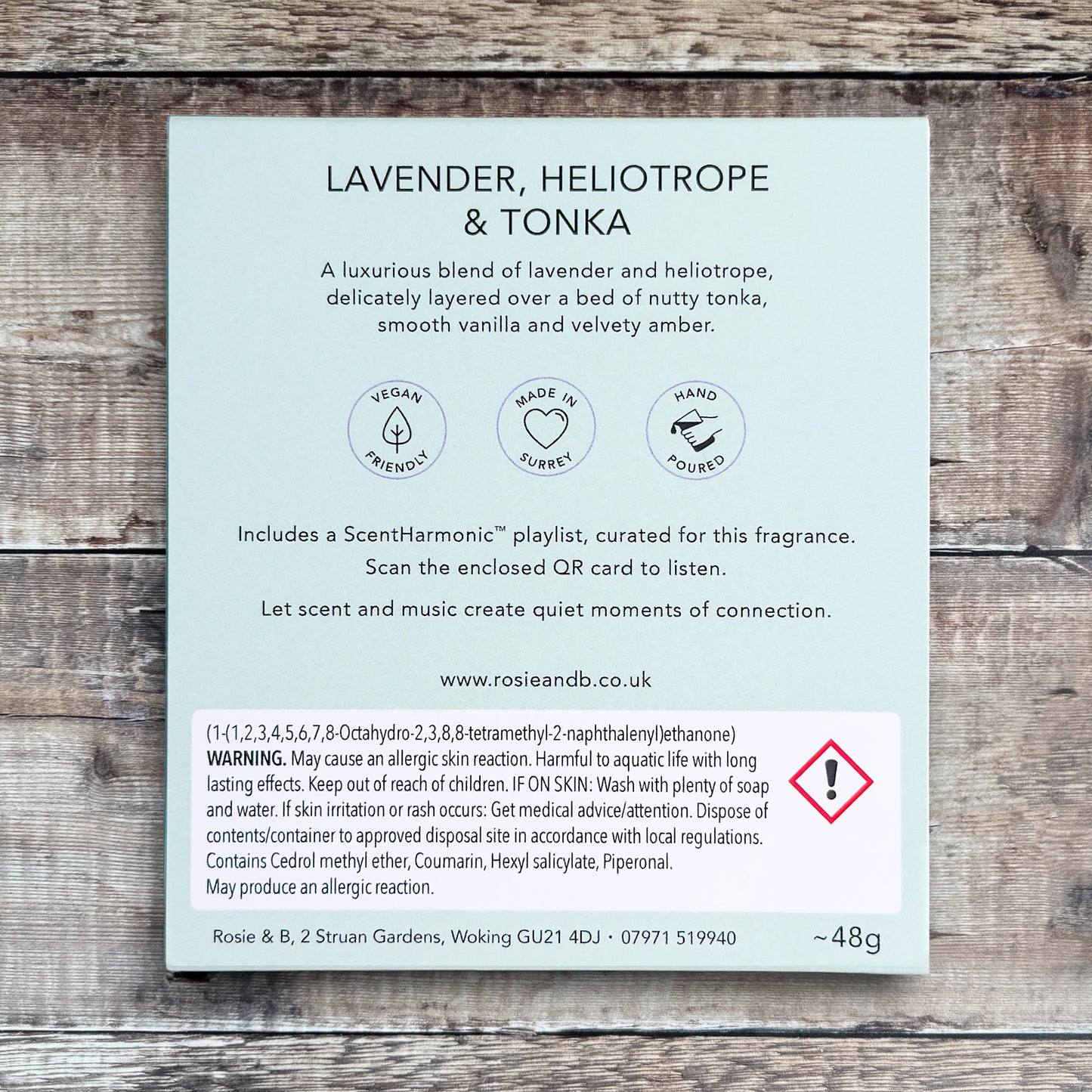Lavender, Heliotrope & Tonka wax melts product sleeve - back