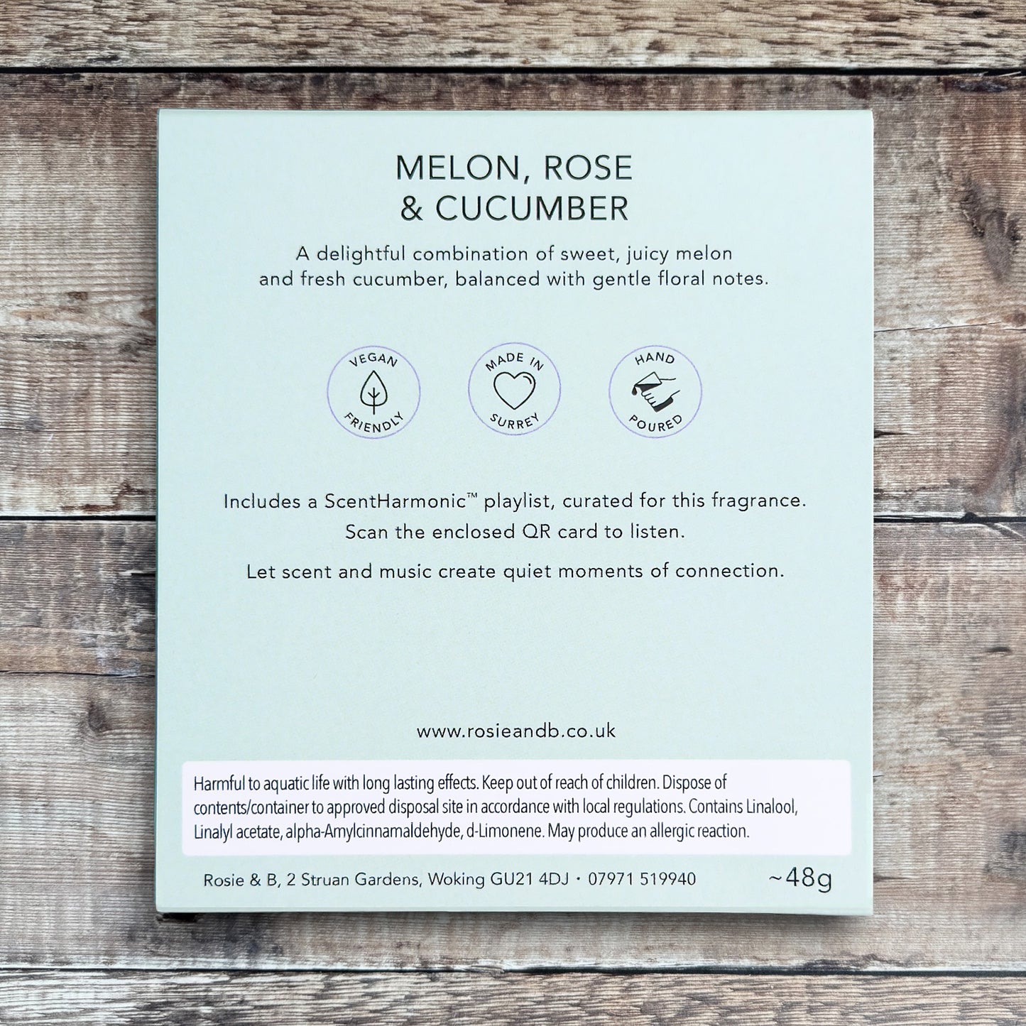Melon, Rose & Cucumber wax melts product sleeve - back