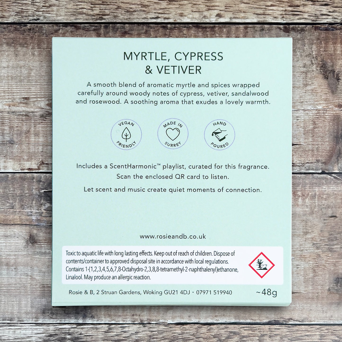 Myrtle, Cypress & Vetiver wax melts product sleeve - back