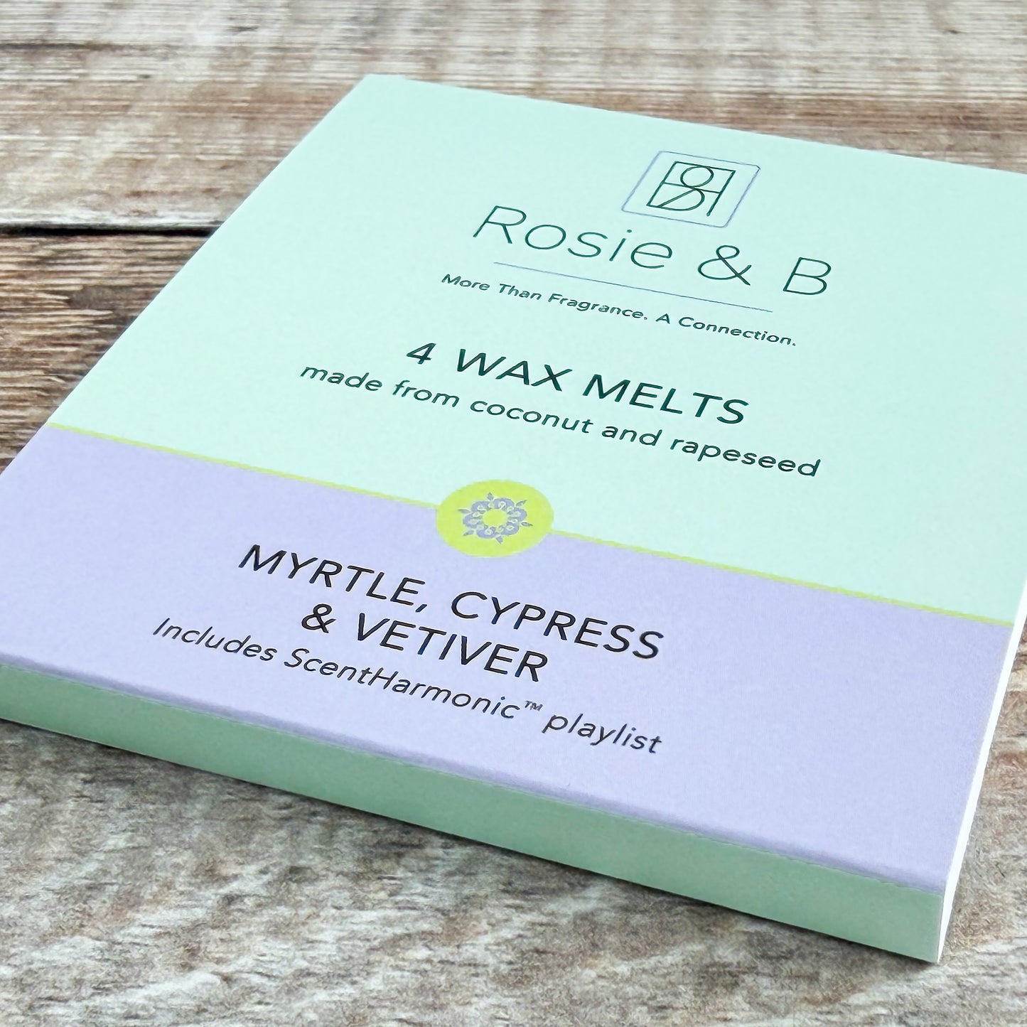 Myrtle, Cypress & Vetiver wax melts sleeve, angled product shot