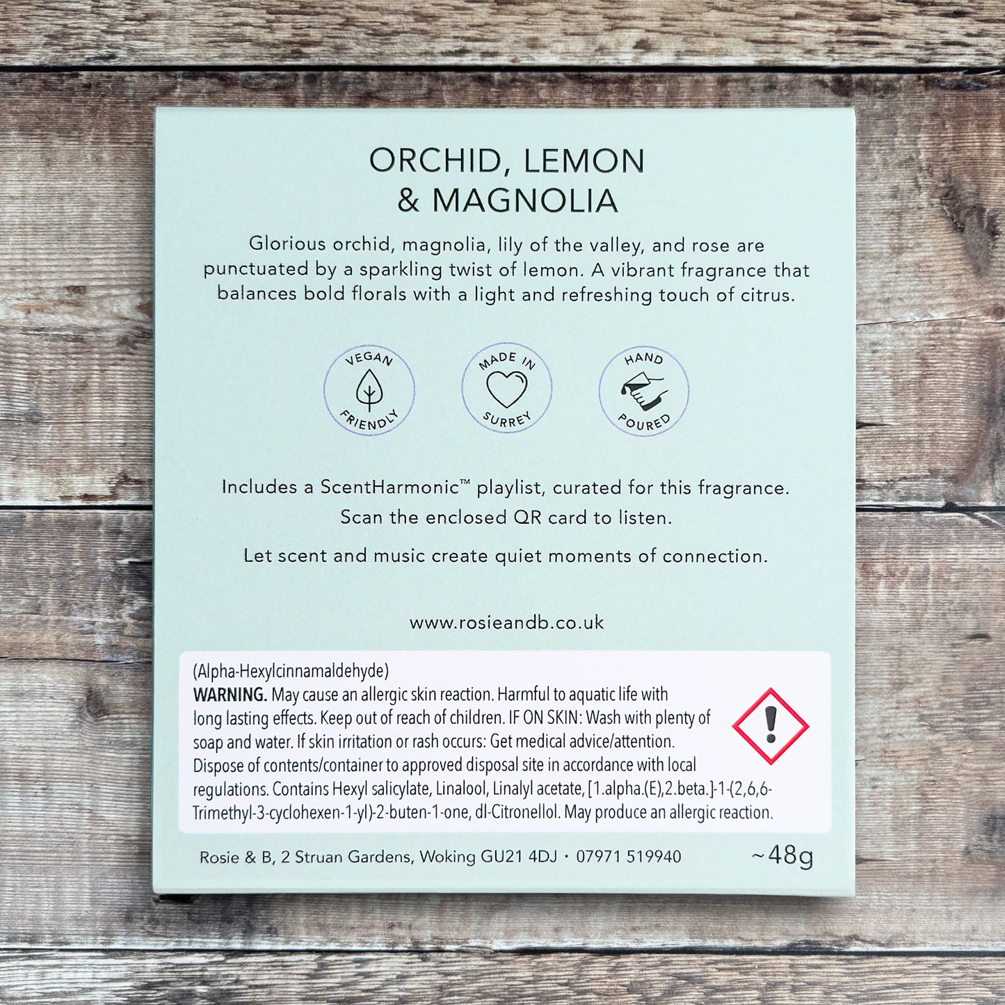 Orchid, Lemon & Magnolia wax melts product sleeve - back