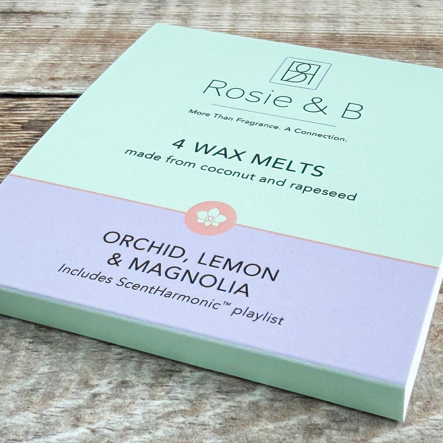 Orchid, Lemon & Magnolia wax melts sleeve, angled product shot