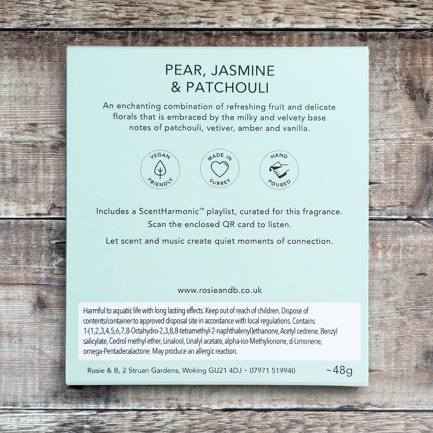 Pear, Jasmine & Patchouli wax melts product sleeve - back