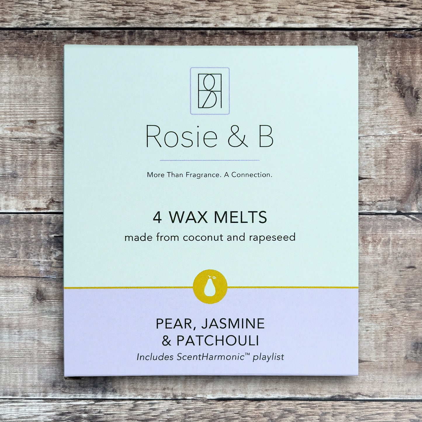 Pear, Jasmine & Patchouli wax melts product sleeve - front