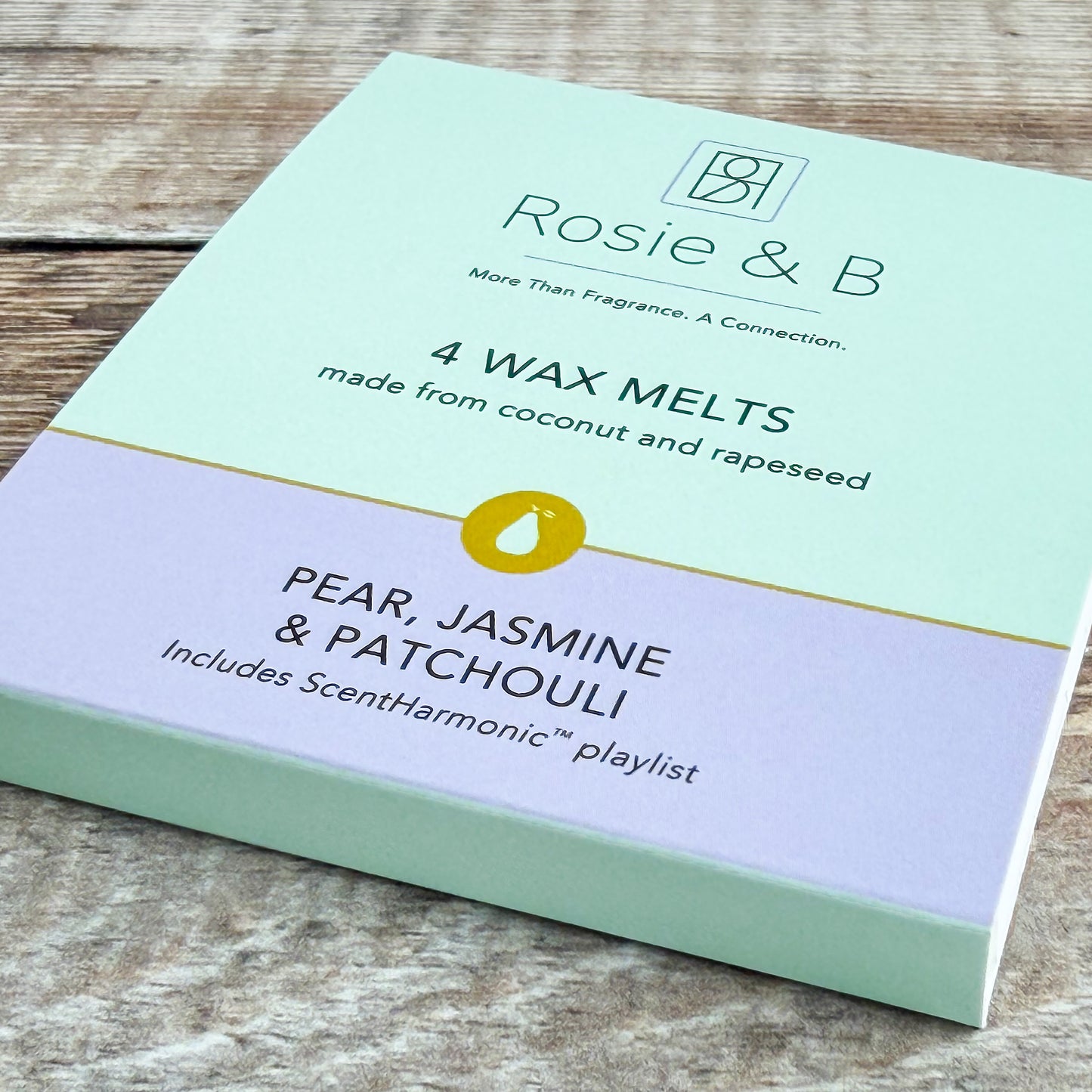 Pear, Jasmine & Patchouli wax melts sleeve, angled product shot