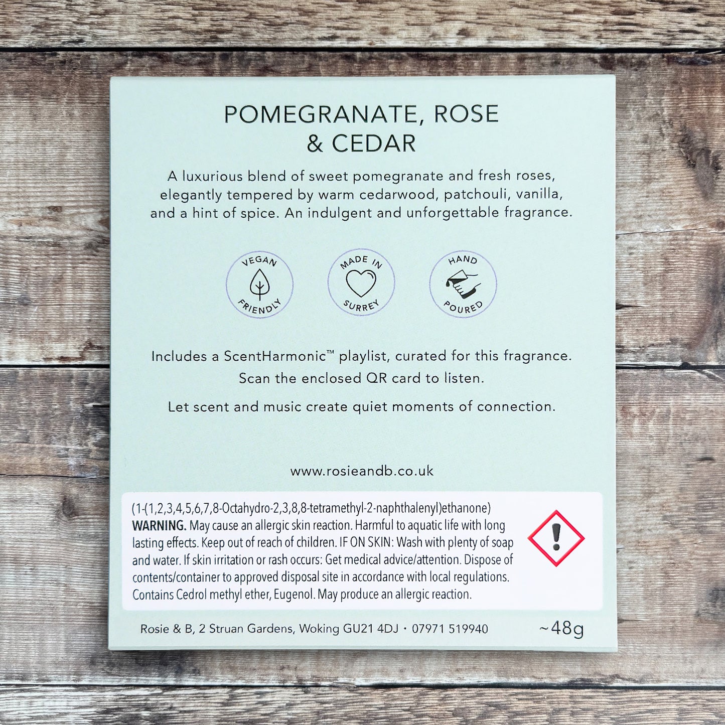 Pomegranate, Rose & Cedar wax melts product sleeve - back
