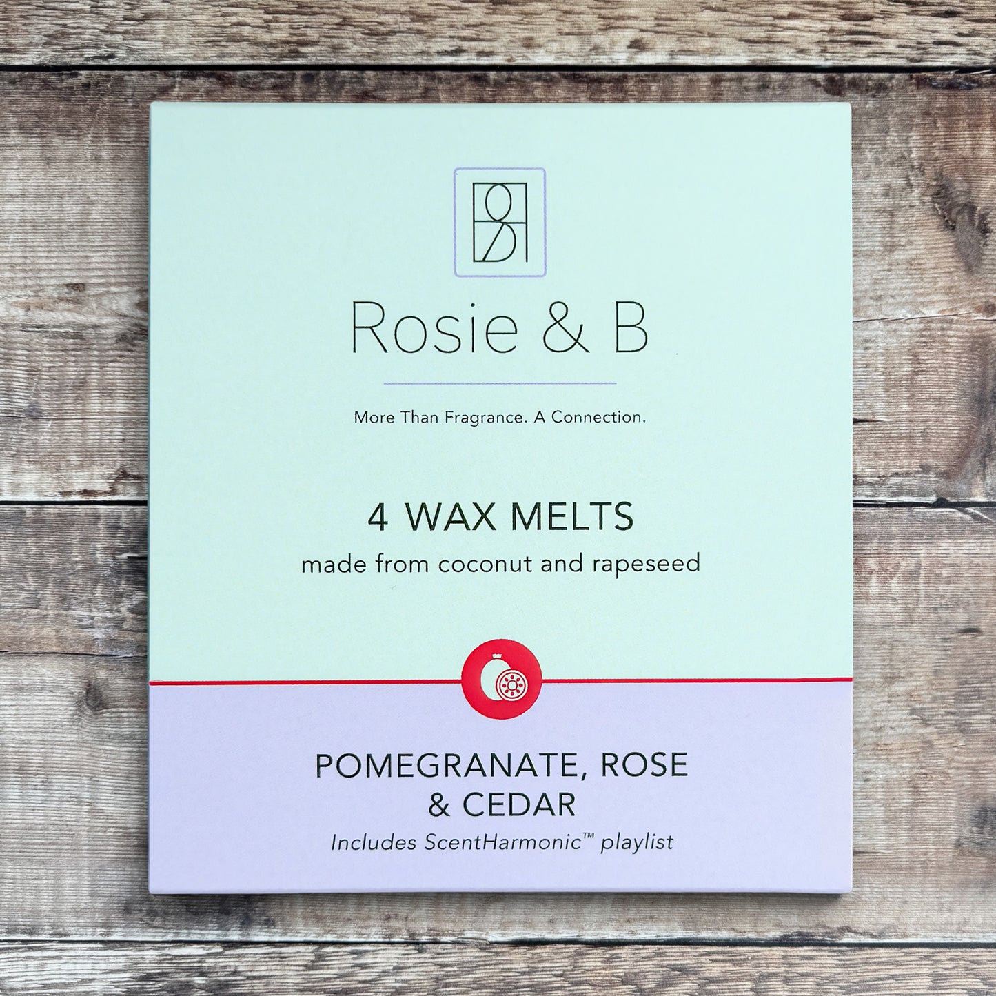Pomegranate, Rose & Cedar wax melts product sleeve - front