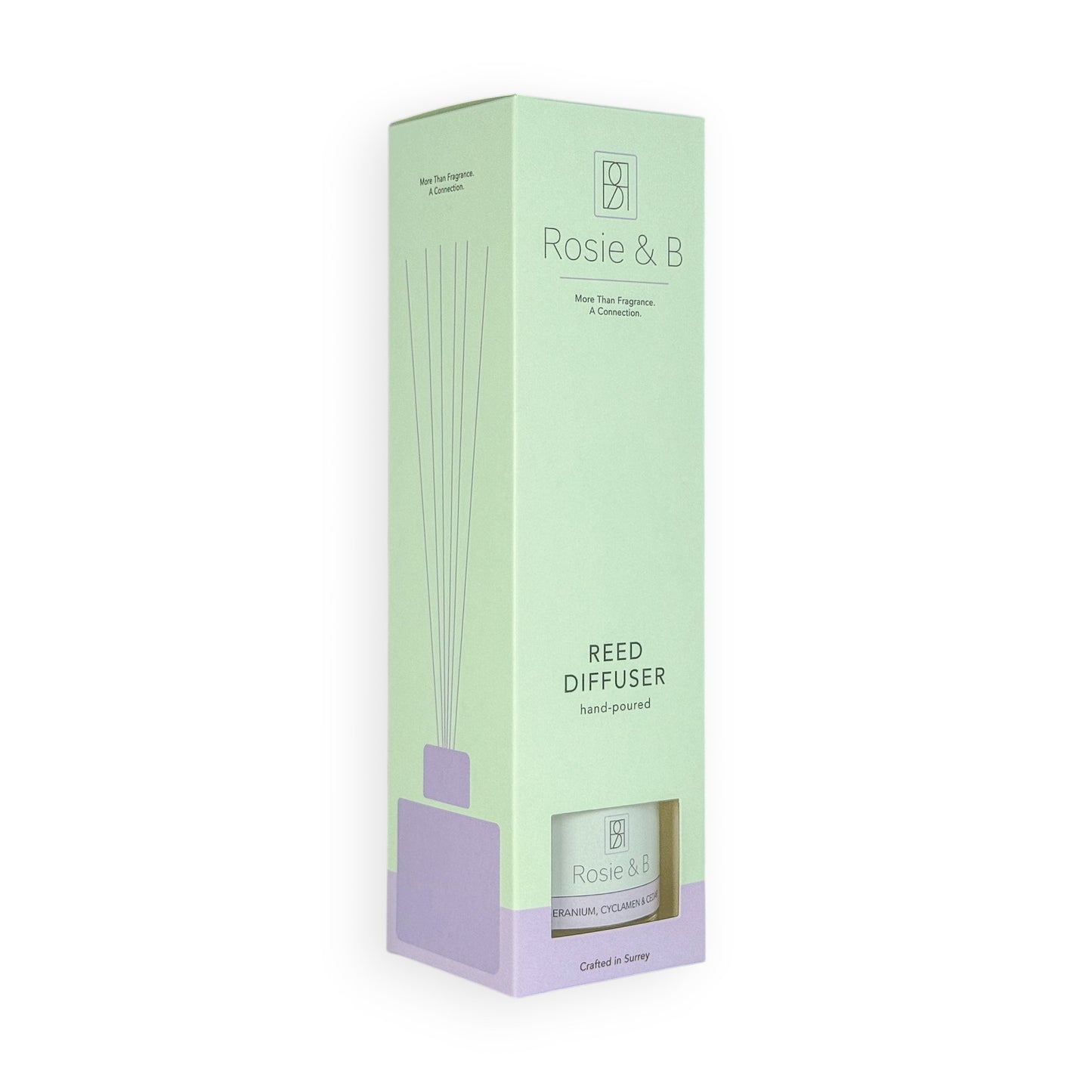 Rosie & B reed diffuser packaging on a white background