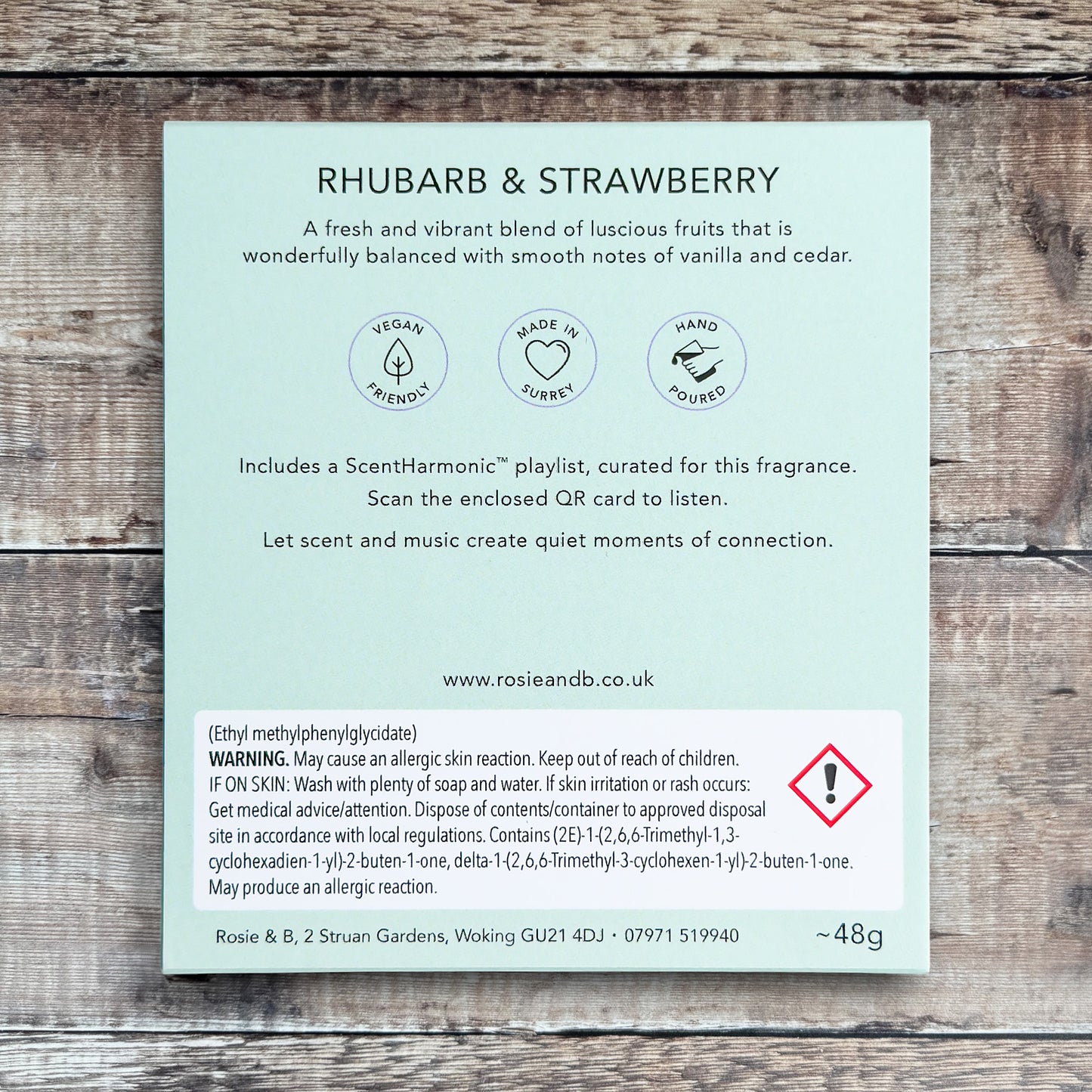 Rhubarb & Strawberry wax melts product sleeve - back