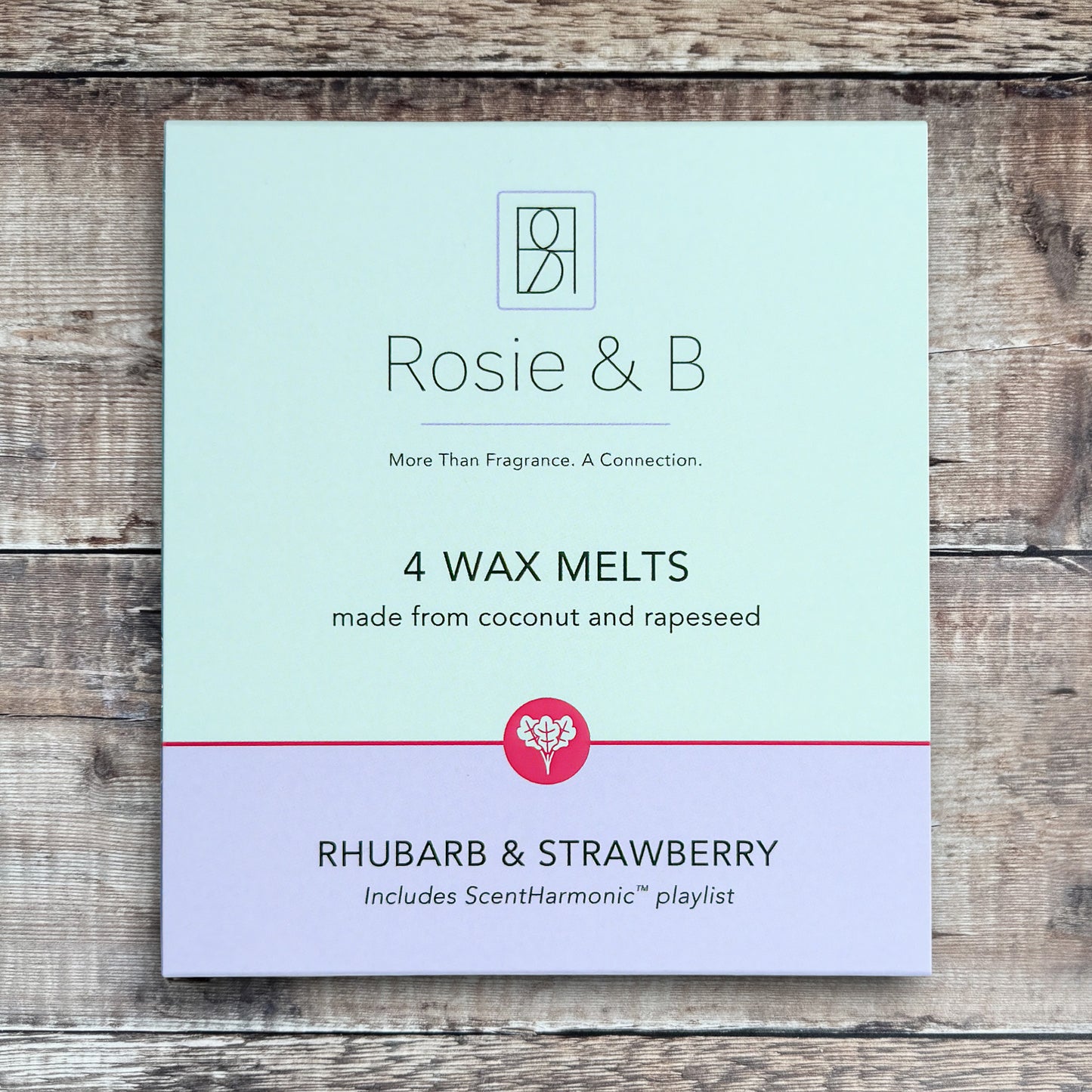 Rhubarb & Strawberry wax melts product sleeve - front