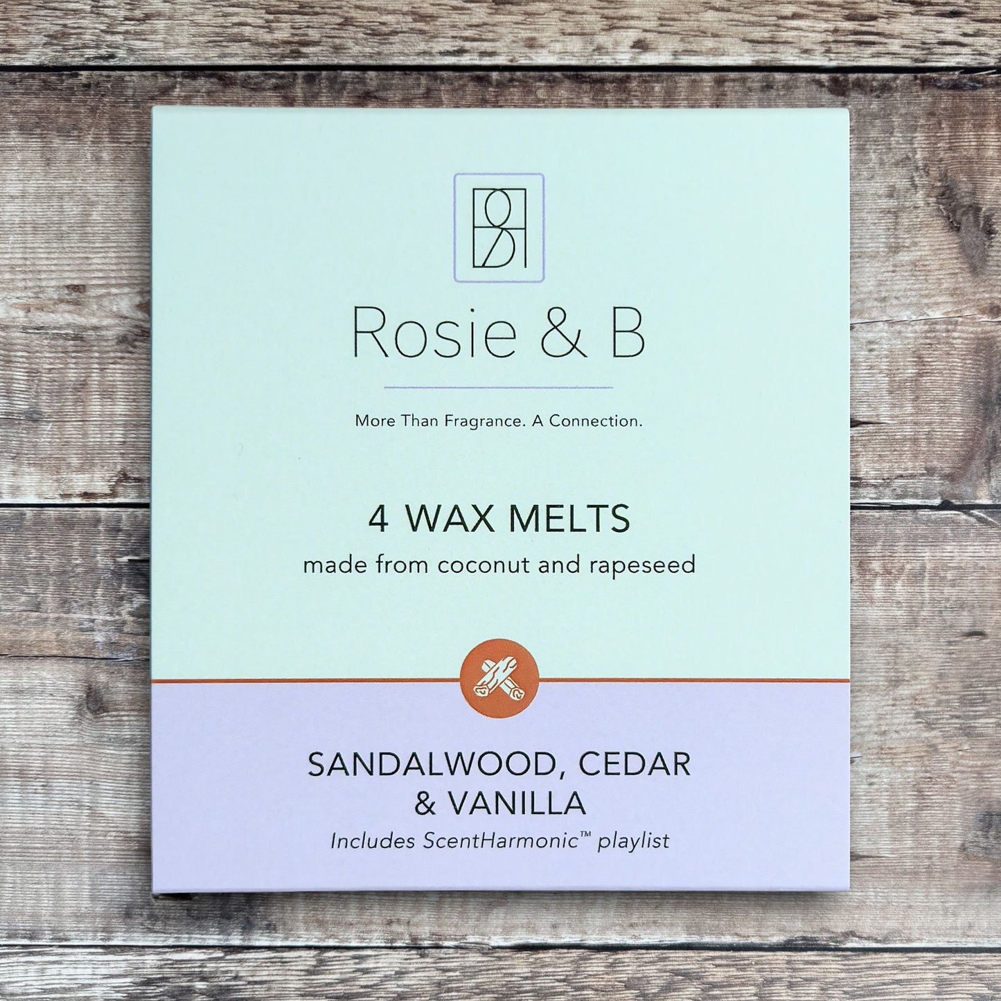 Sandalwood, Cedar & Vanilla wax melts product sleeve - front