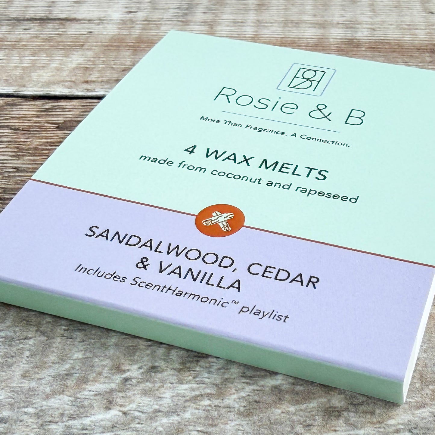 Sandalwood, Cedar & Vanilla wax melts sleeve, angled product shot