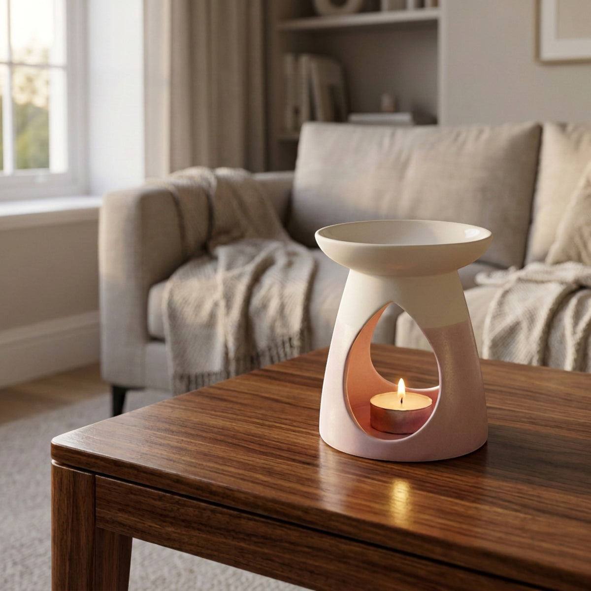 Arabella ceramic wax warmer in powder pink, with a glowing tea light, in a living room setting