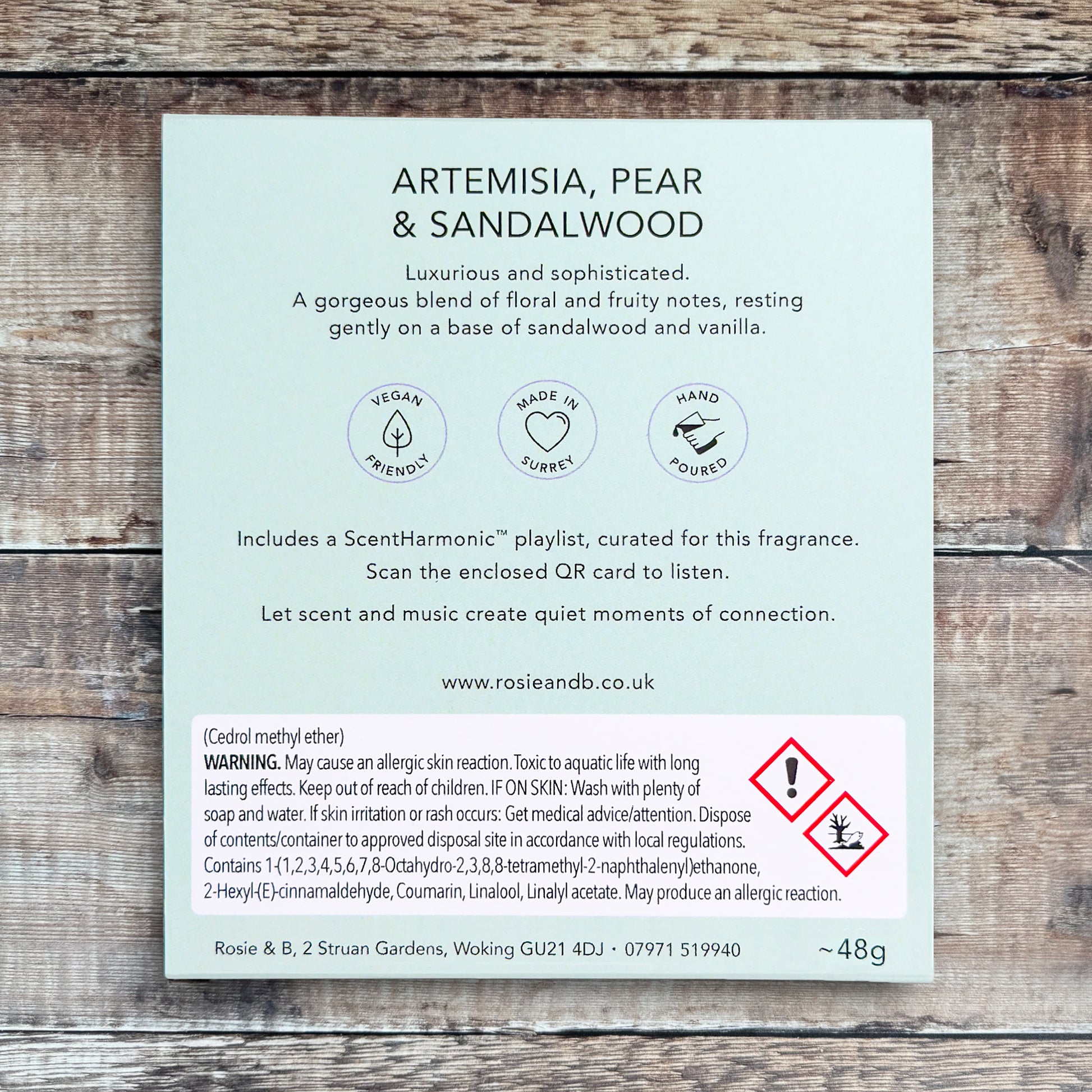Artemisia, Pear & Sandalwood wax melts product sleeve - back