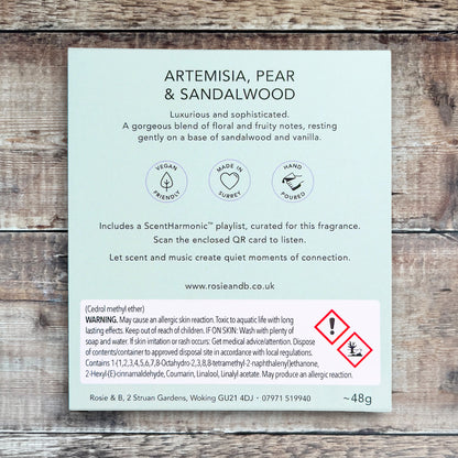 Artemisia, Pear & Sandalwood wax melts product sleeve - back