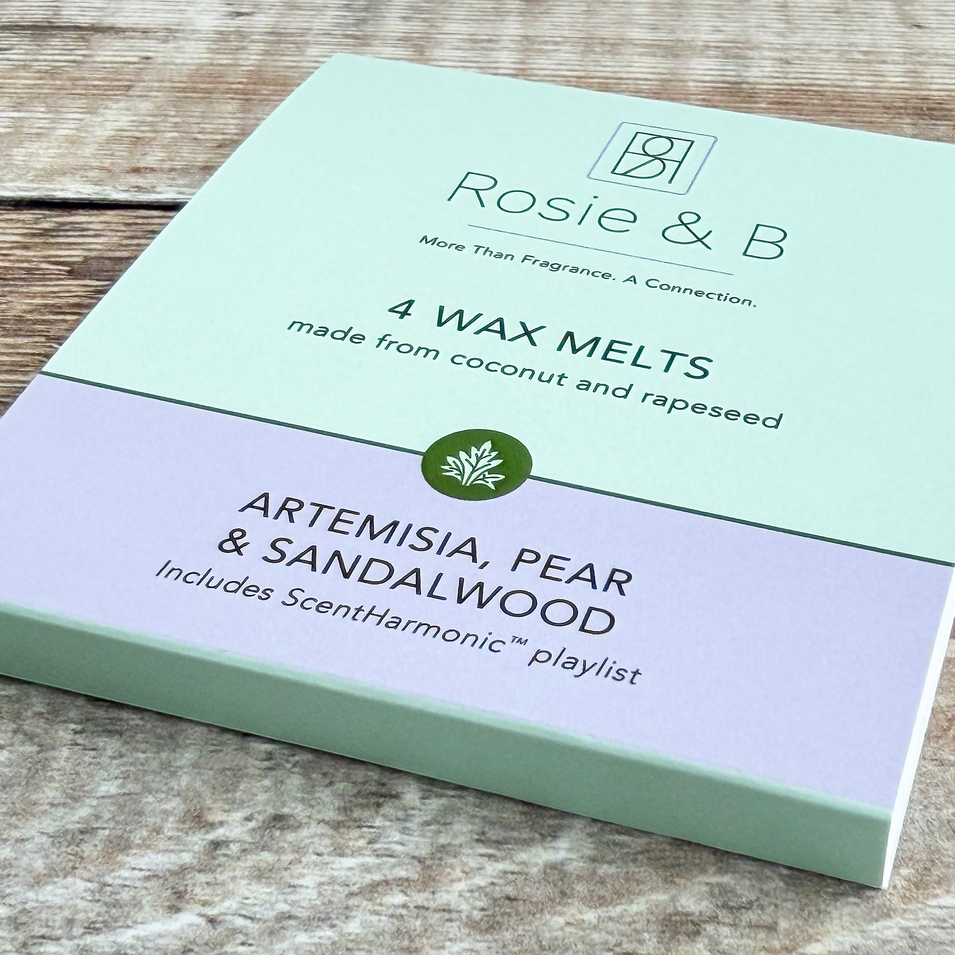 Artemisia, Pear & Sandalwood wax melts sleeve, angled product shot