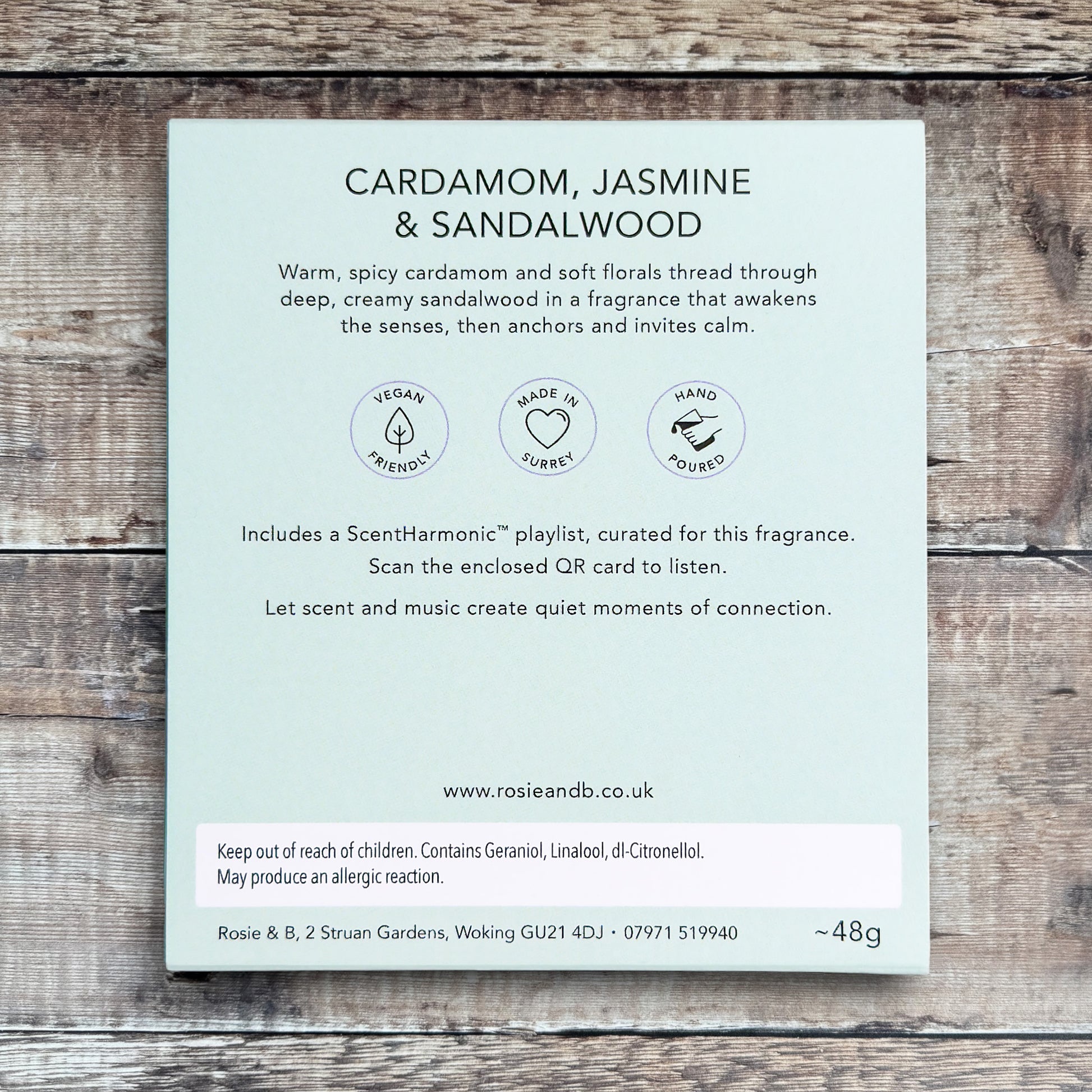 Cardamom, Jasmine & Sandalwood wax melts product sleeve - back