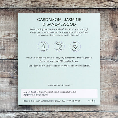 Cardamom, Jasmine & Sandalwood wax melts product sleeve - back