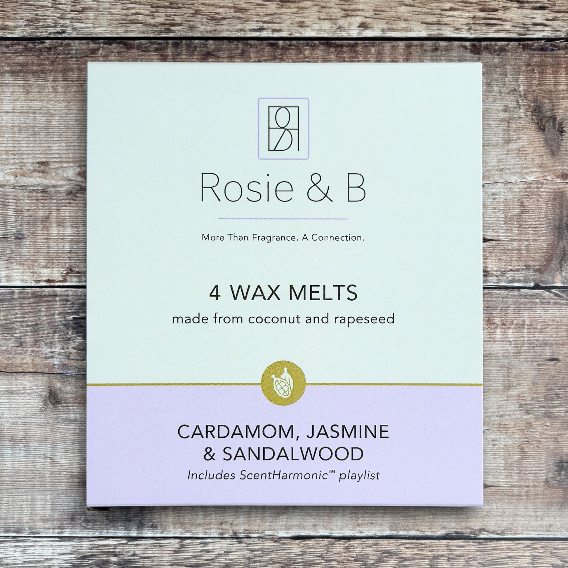 Cardamom, Jasmine & Sandalwood wax melts product sleeve - front