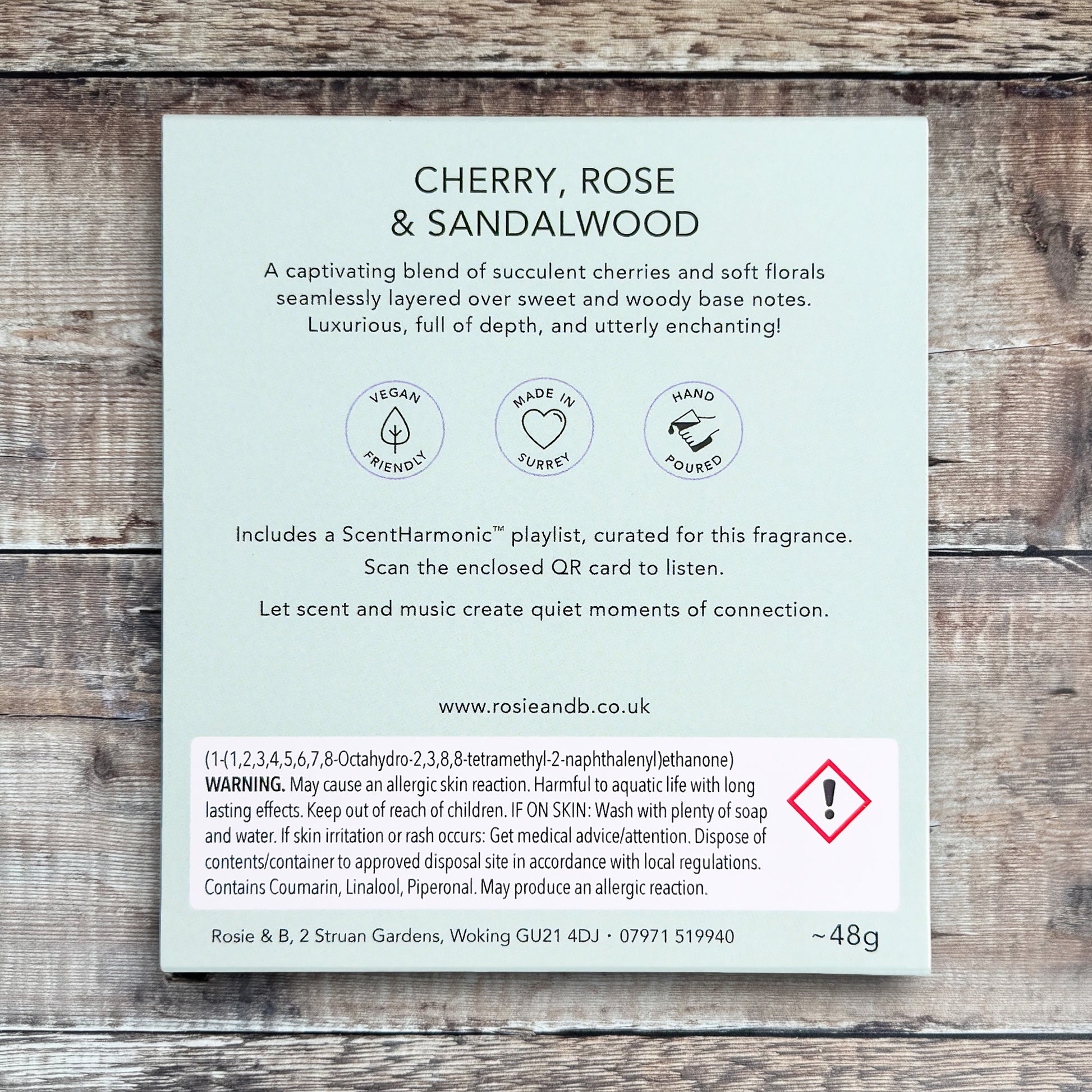 Cherry, Rose & Sandalwood wax melts product sleeve - back
