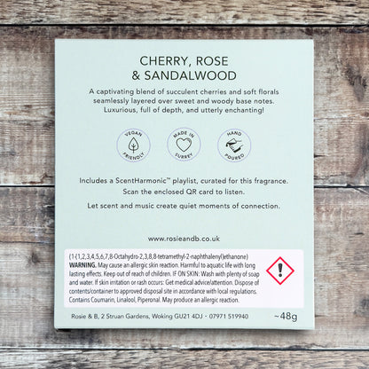 Cherry, Rose & Sandalwood wax melts product sleeve - back