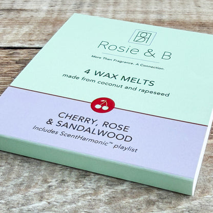 Cherry, Rose & Sandalwood wax melts sleeve, angled product shot