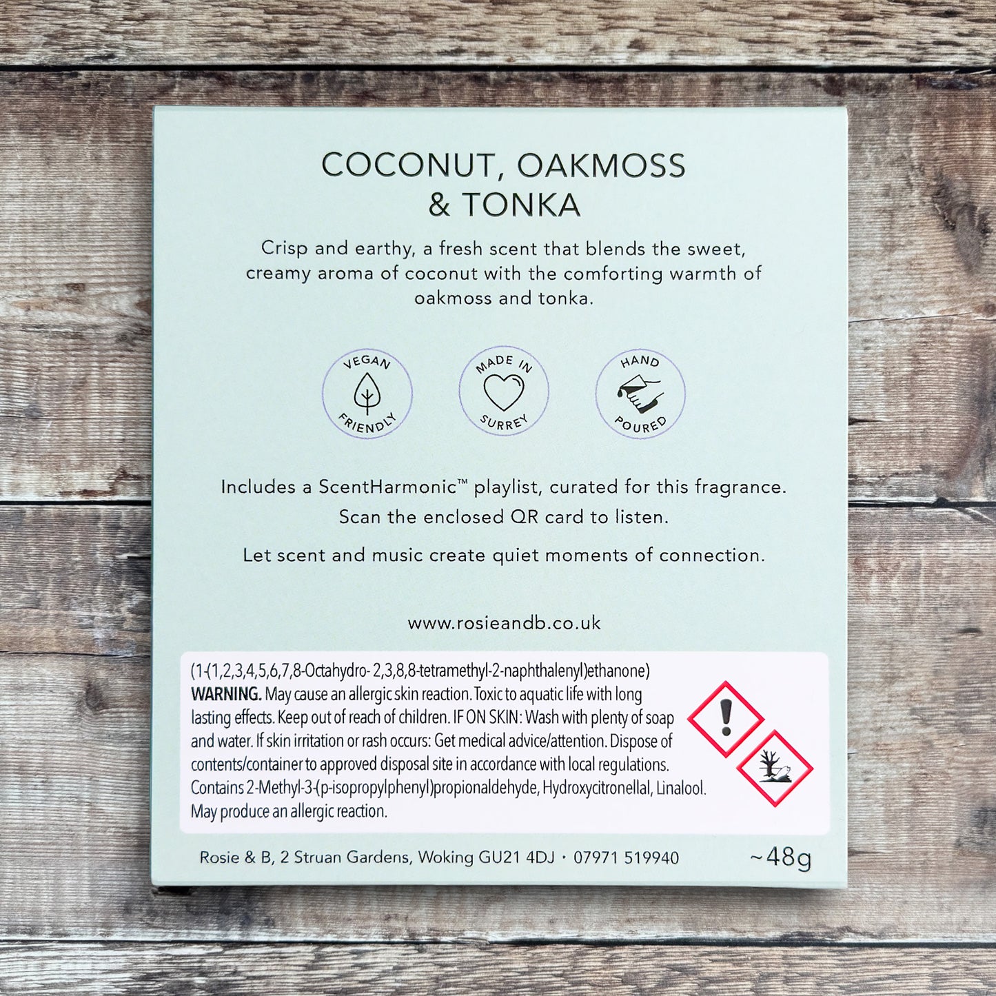 Coconut, Oakmoss & Tonka wax melts product sleeve - back