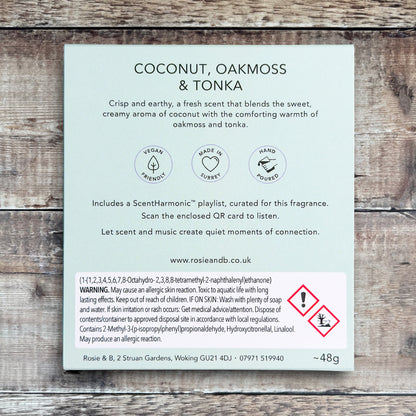 Coconut, Oakmoss & Tonka wax melts product sleeve - back