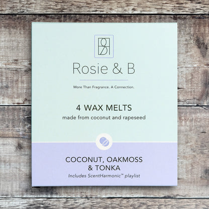 Coconut, Oakmoss & Tonka wax melts product sleeve - front