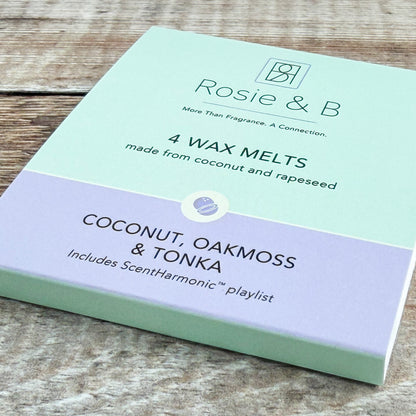 Coconut, Oakmoss & Tonka wax melts sleeve, angled product shot