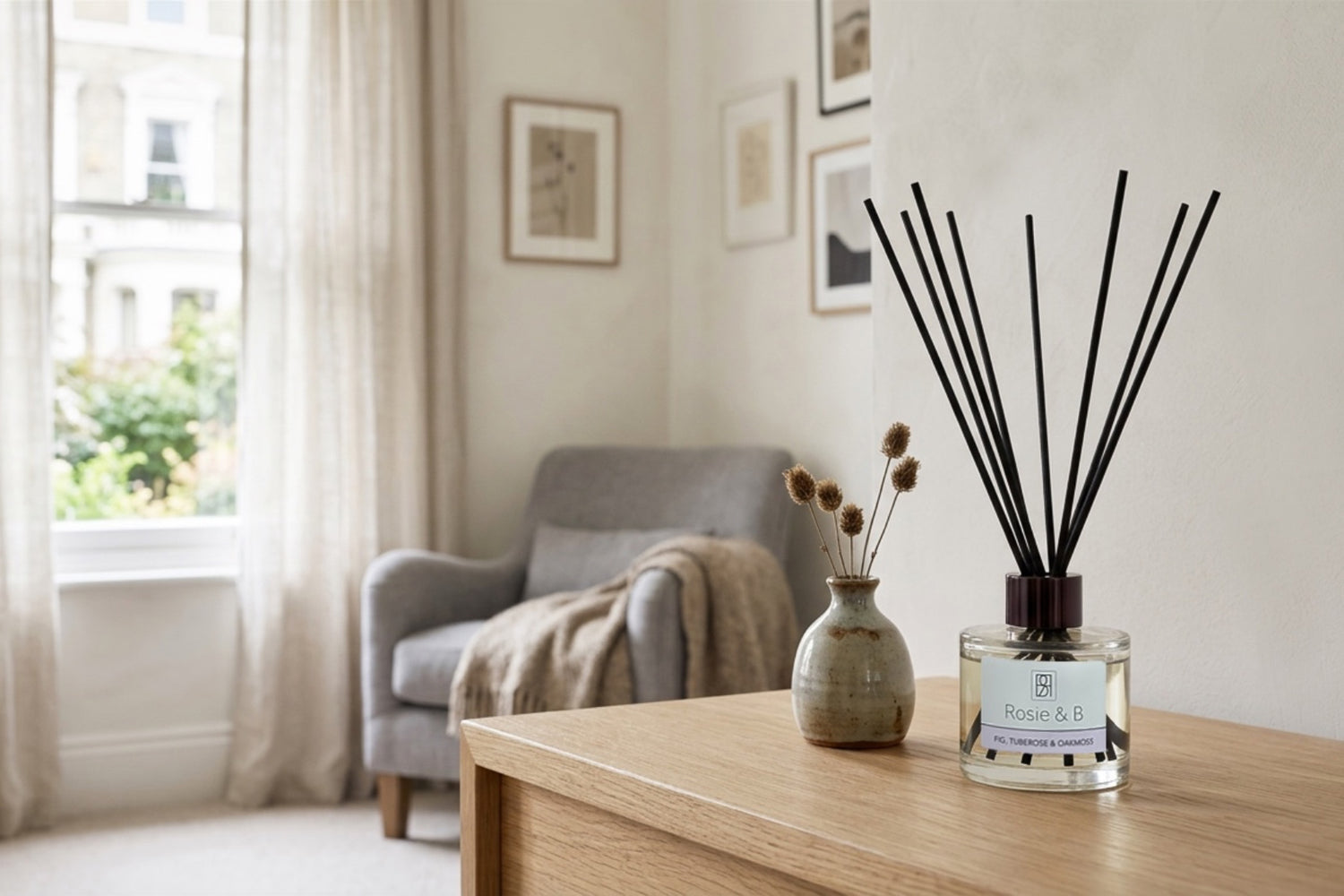 Rosie & B reed diffuser in a calm home setting