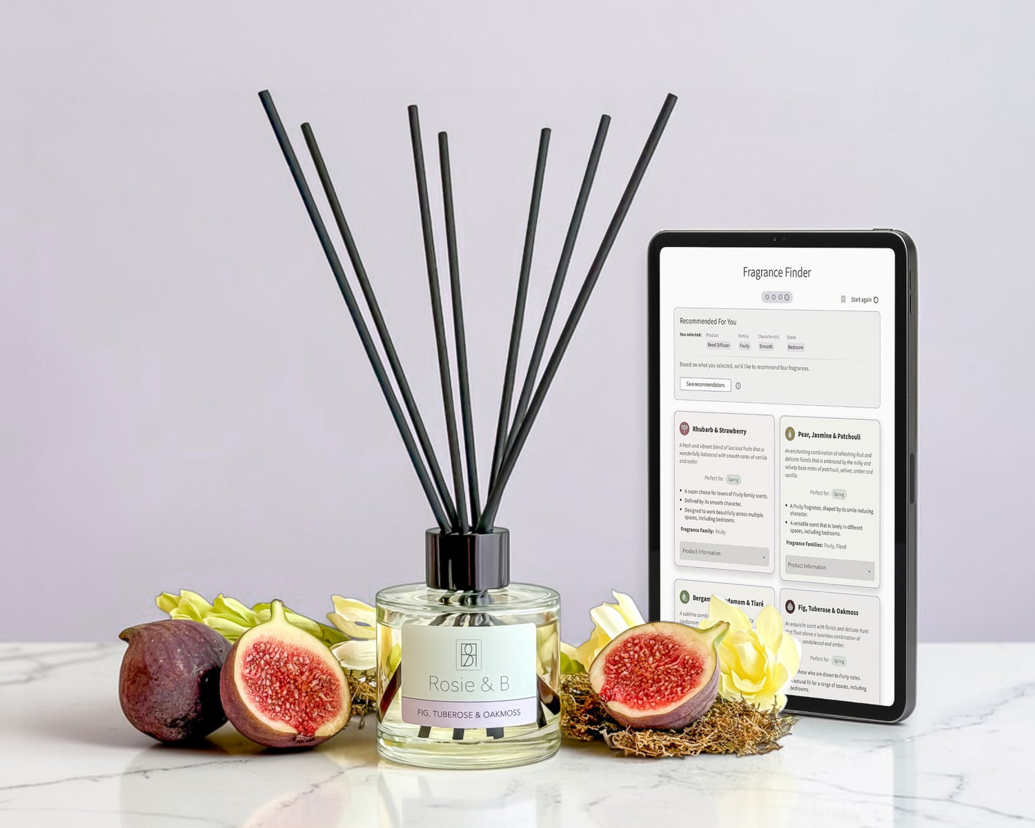 Gif, Tuberose & Oakmoss Reed Diffuser with the Rosie & B Fragrance Finder