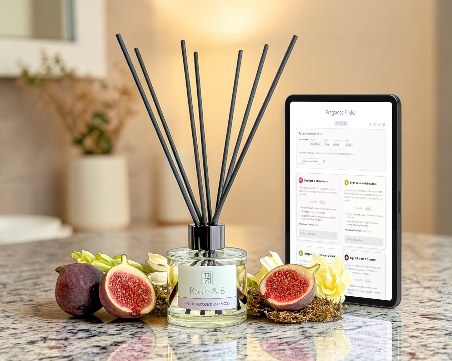 Fig, Tuberose & Oakmoss Reed Diffuser with the Rosie & B Fragrance Finder