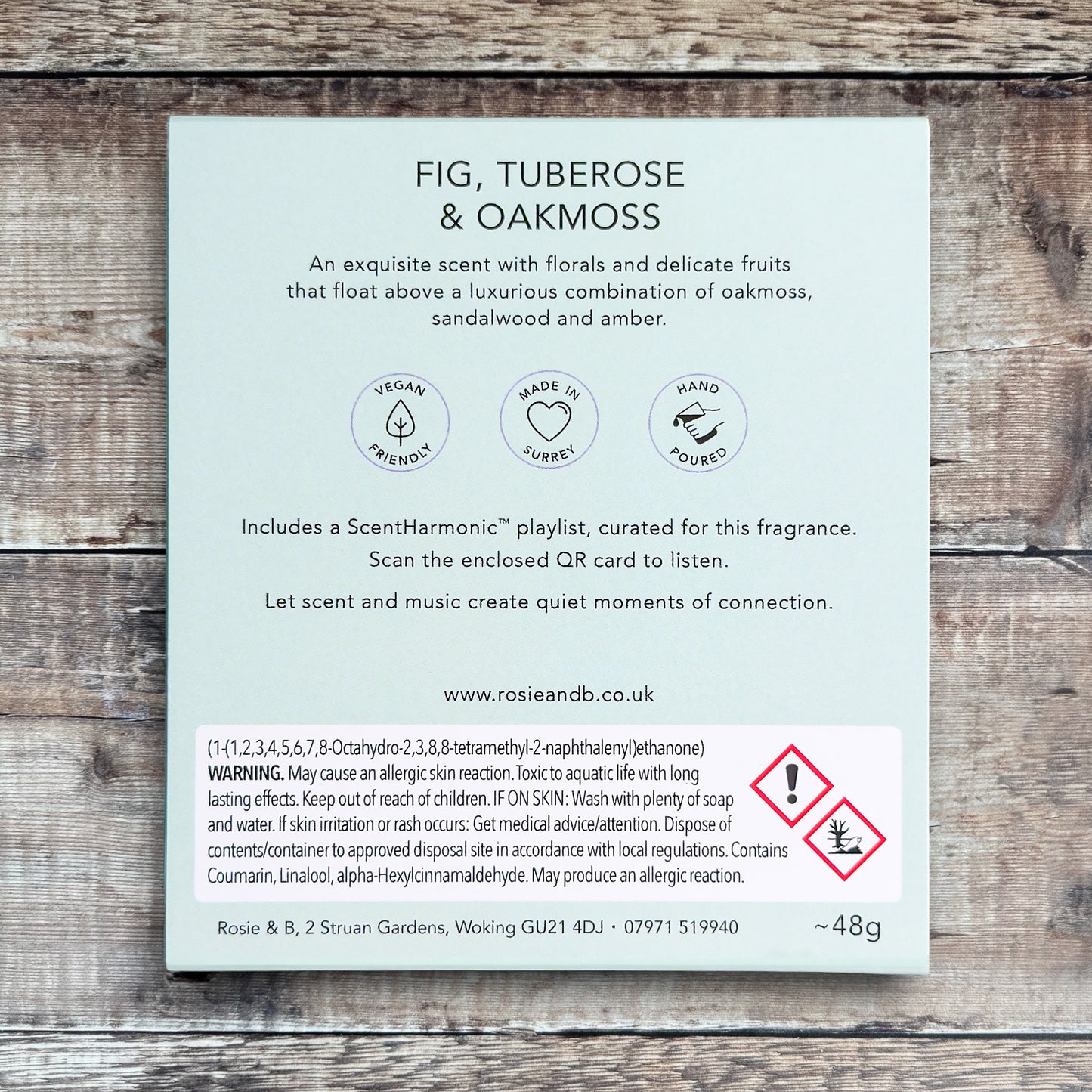 Fig, Tuberose & Oakmoss wax melts product sleeve - back
