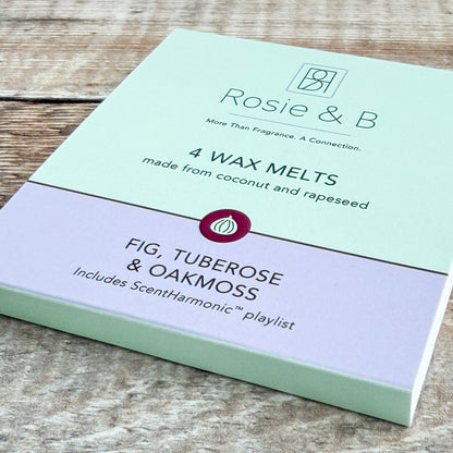 Fig, Tuberose & Oakmoss wax melts sleeve, angled product shot