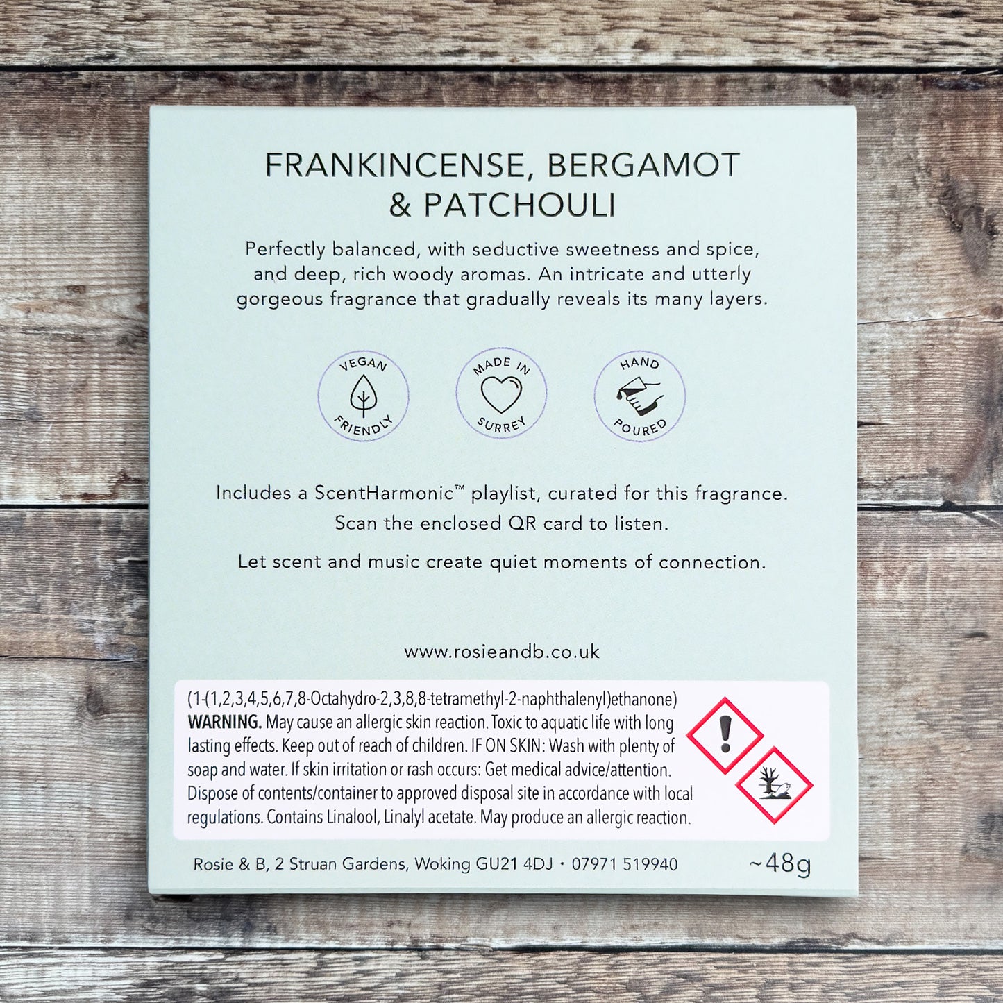 Frankincense, Bergamot & Patchouli wax melts product sleeve - back