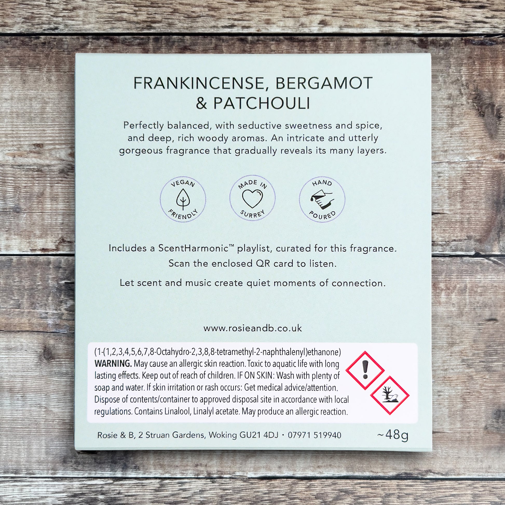 Frankincense, Bergamot & Patchouli wax melts product sleeve - back