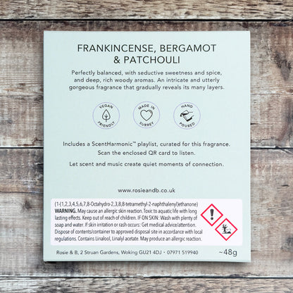 Frankincense, Bergamot & Patchouli wax melts product sleeve - back
